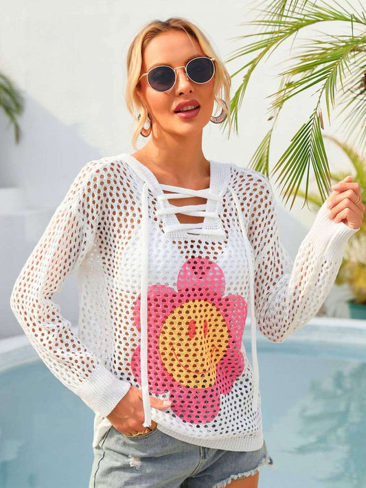 Flower Graphic Lace-Up Openwork Hooded Cover Up - Sun of the Beach Boutique