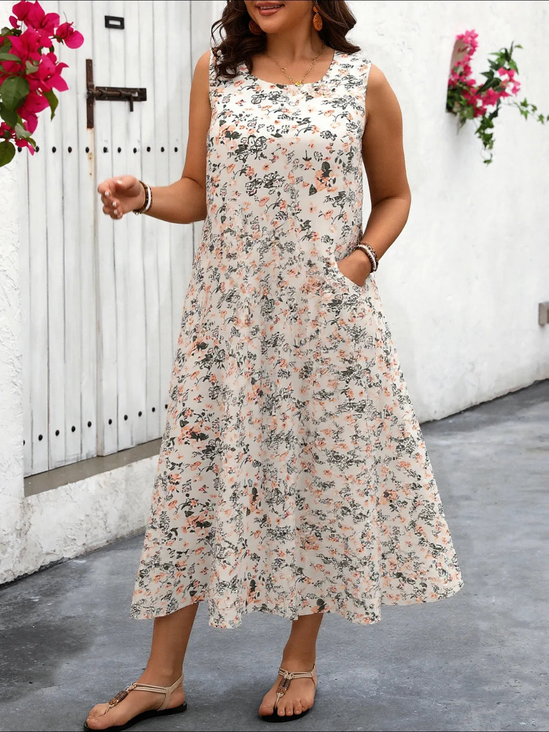 Plus Size Floral Tank Dress with Pockets