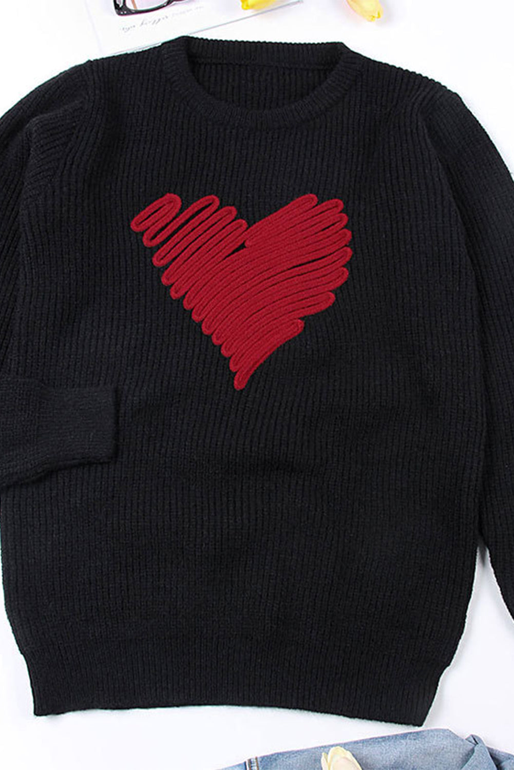 Black Valentines Heart Sketch Round Neck Sweater