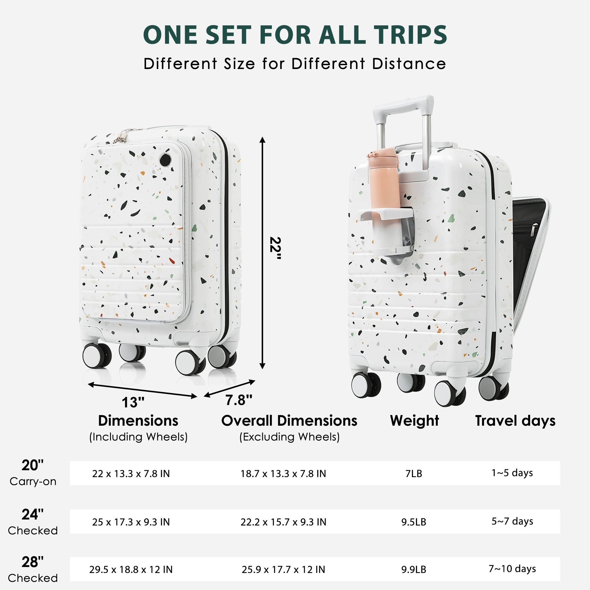 Polka Dot with Front Opening Design Airline Certified Carry on Luggage with Cup Holder