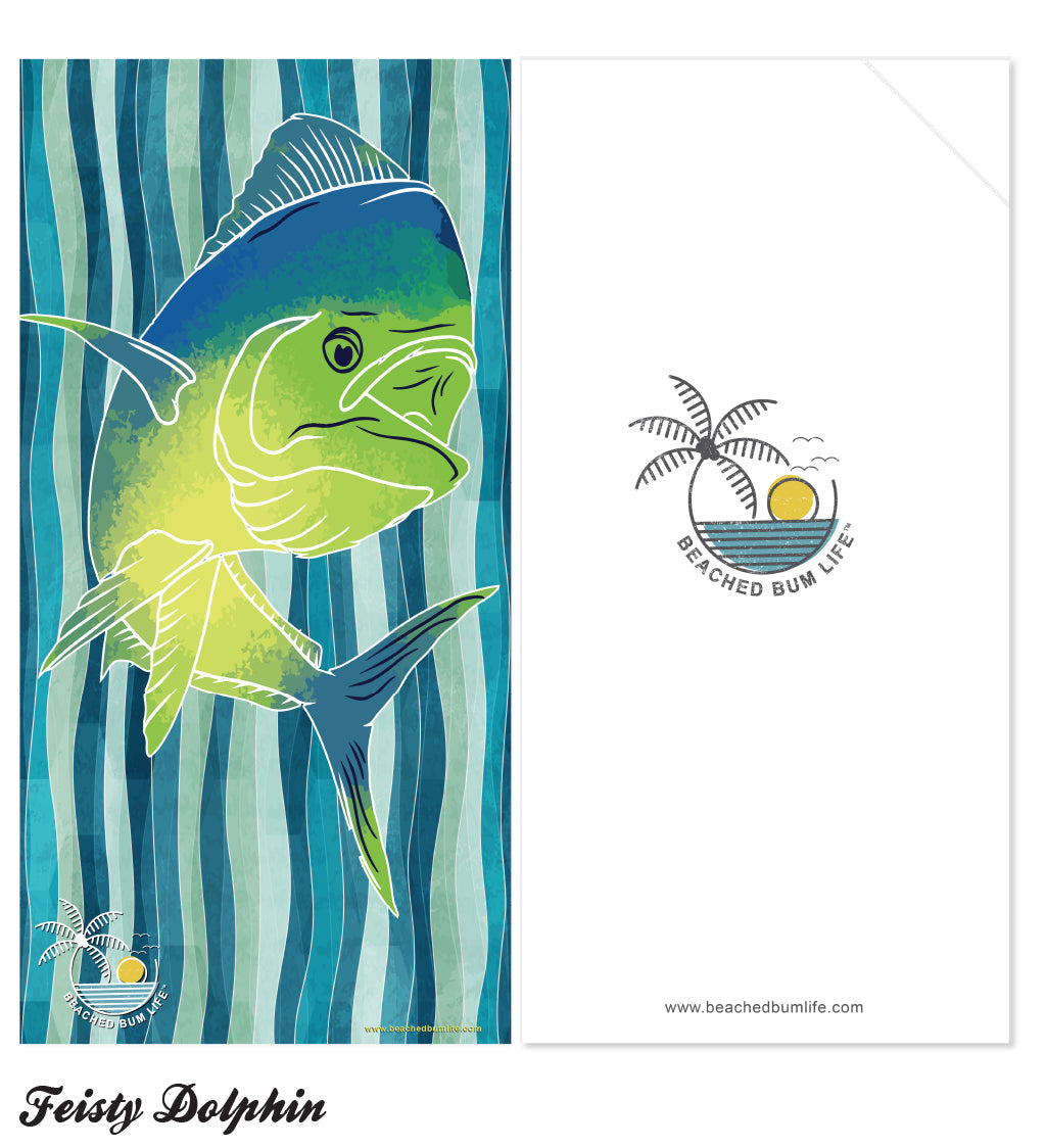 Towel with a dolphin design and 'Beached Bum Life' logo on a white background