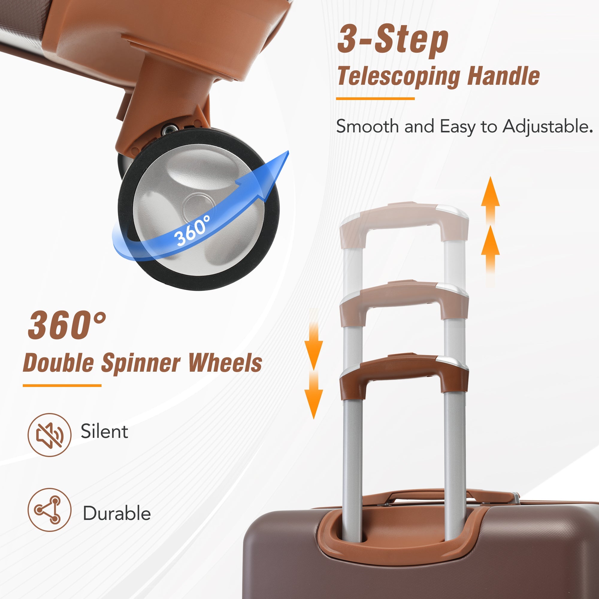 Brown Hardshell Luggage Set and Cosmetic Case Spinner Suitcase with TSA Lock 