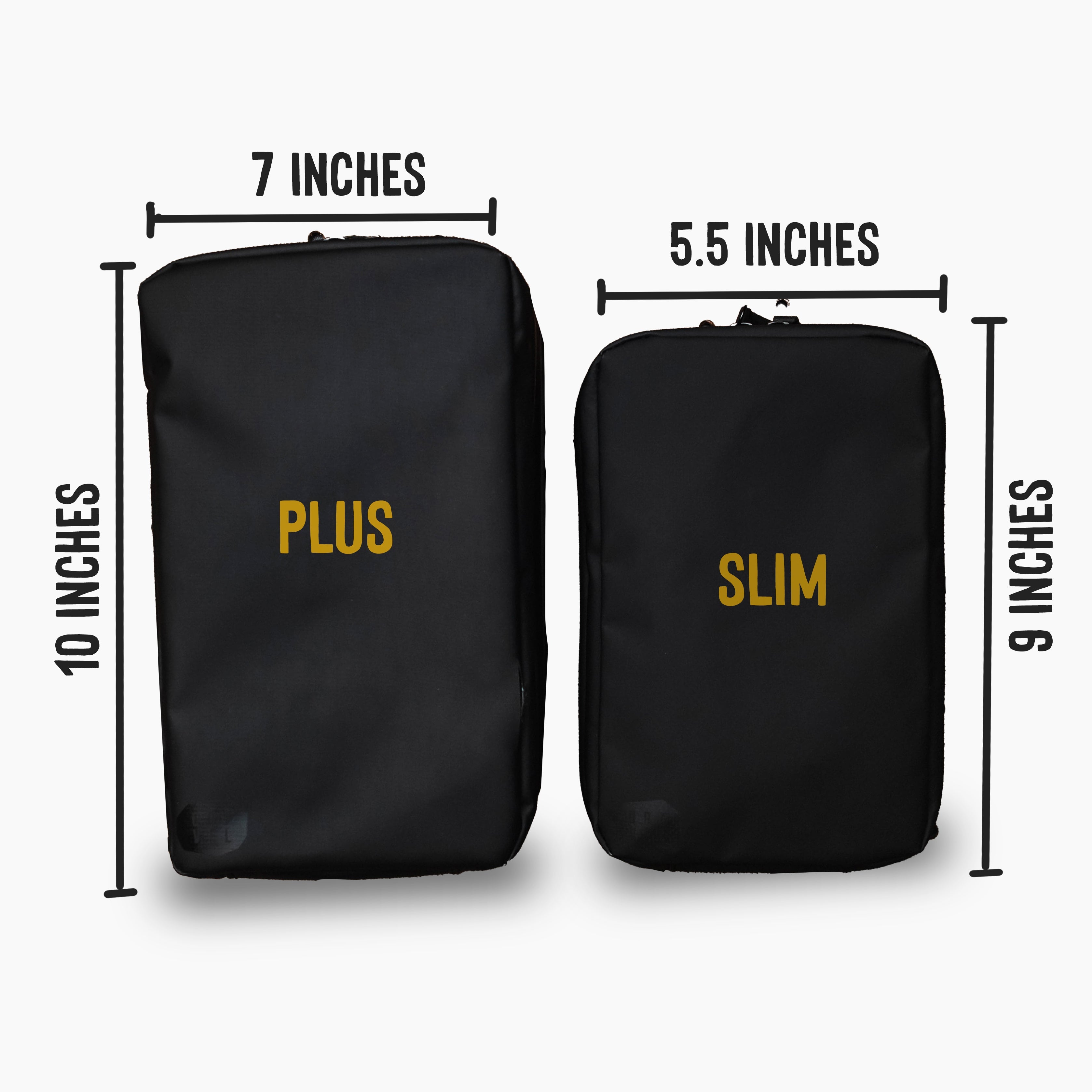 Two black bags labeled 'Plus' and 'Slim' with measurements indicated.
