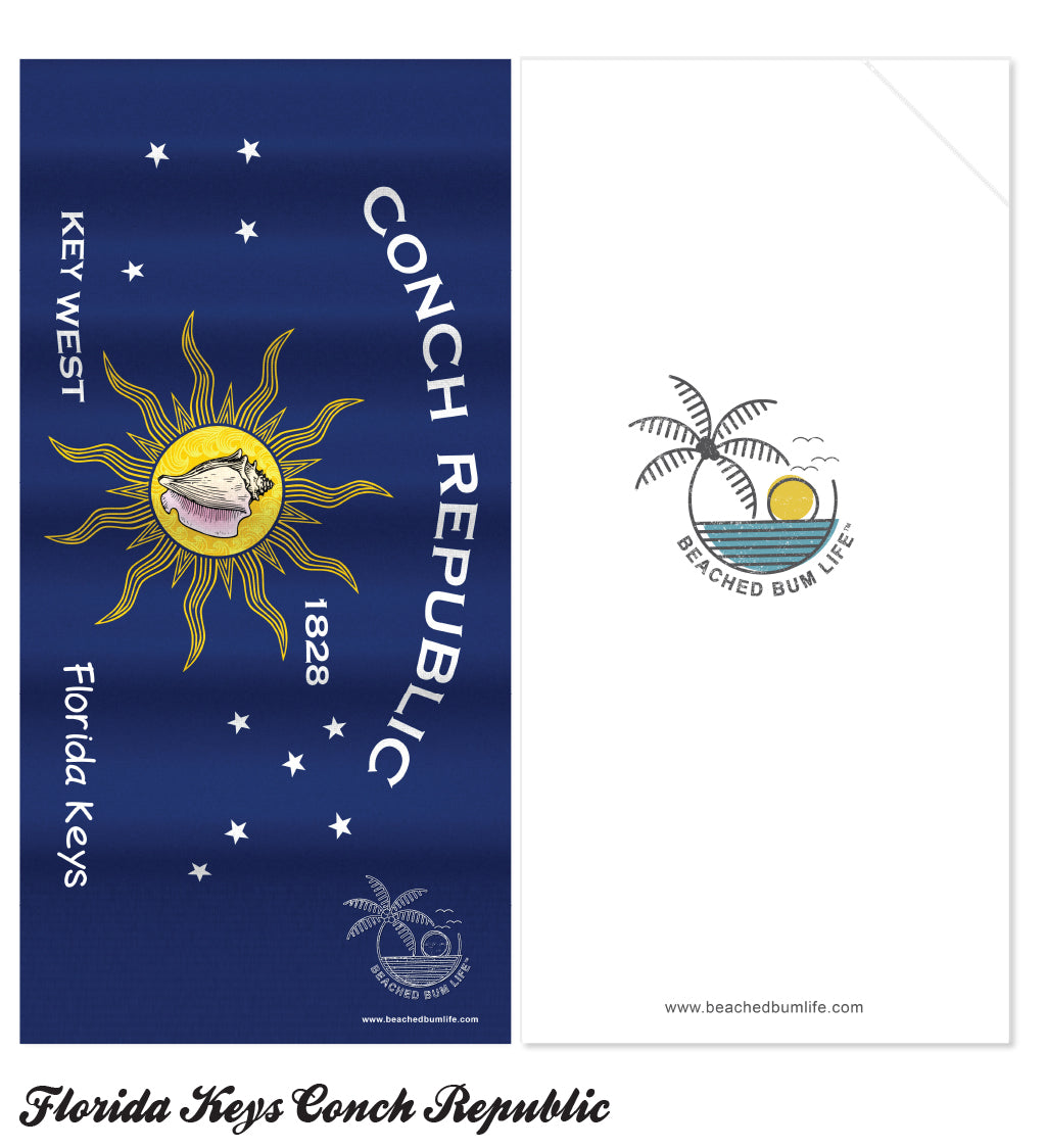 Florida Keys Conch Republic flag with sun and palm tree design on a blue background.