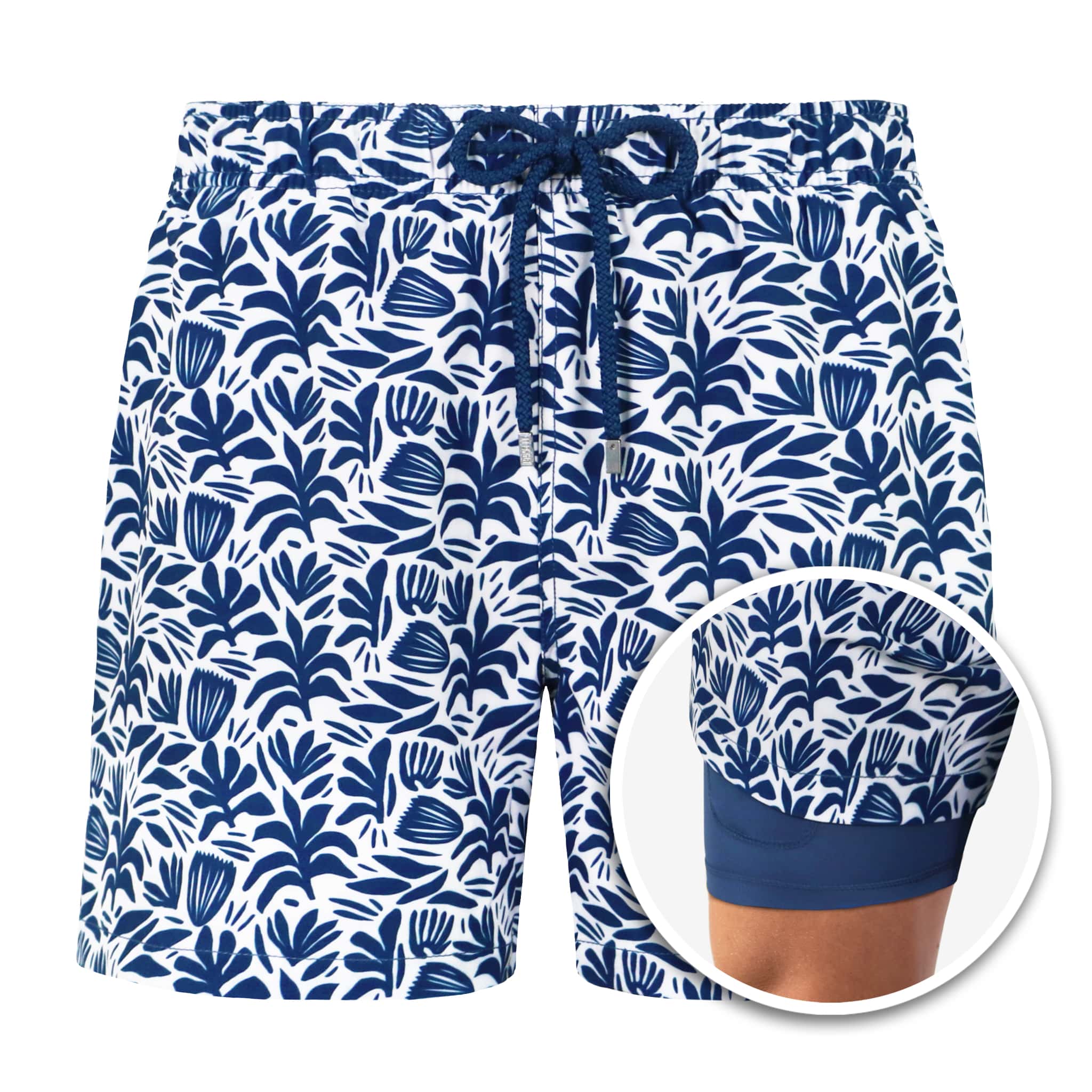 Blue and white patterned shorts with a close-up inset on a white background