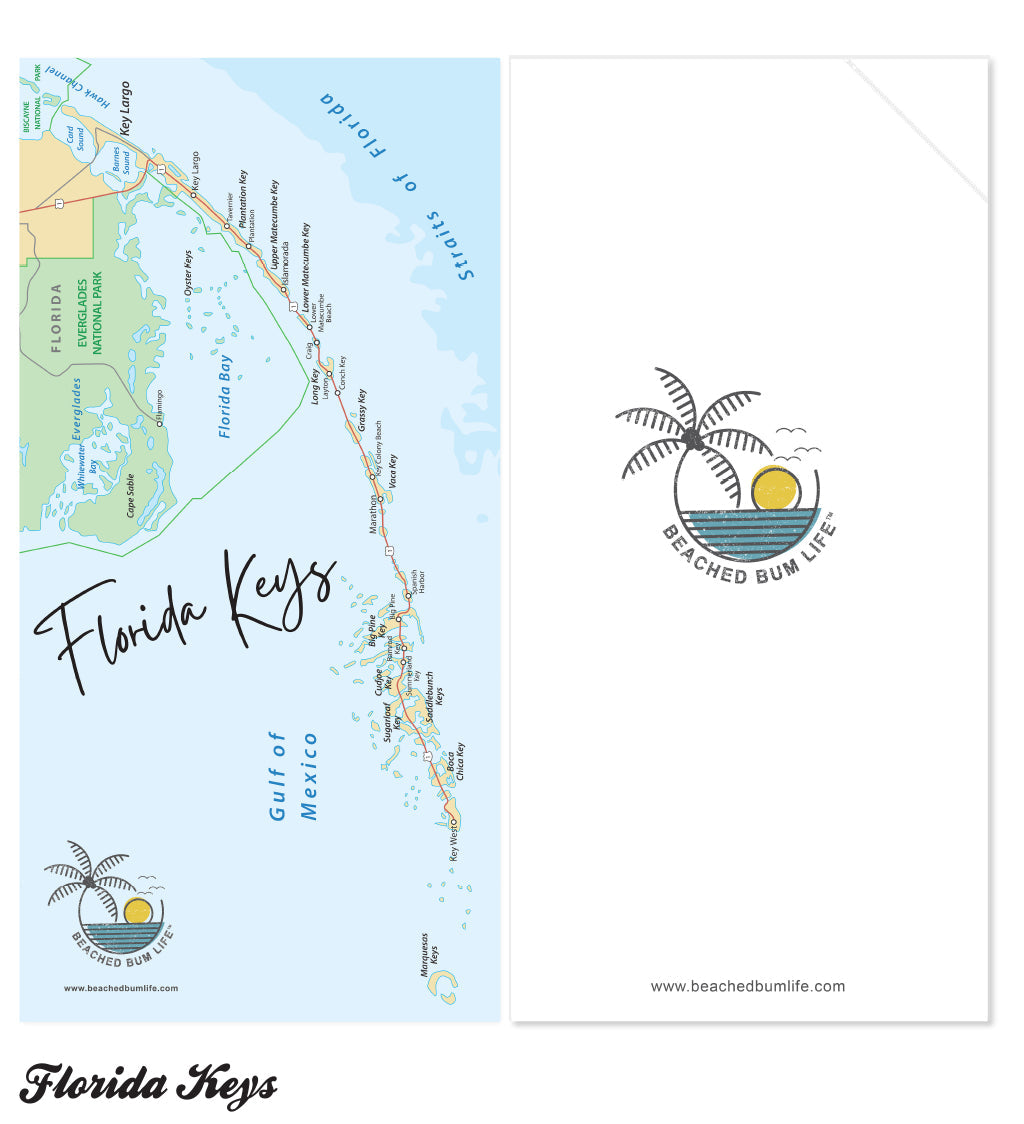 Map of the Florida Keys with 'Beached Bum Life' logo on a white background