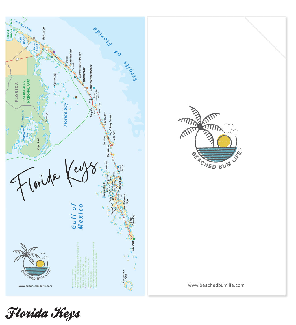 Map of the Florida Keys with 'Beached Bum Life' logo on a white background