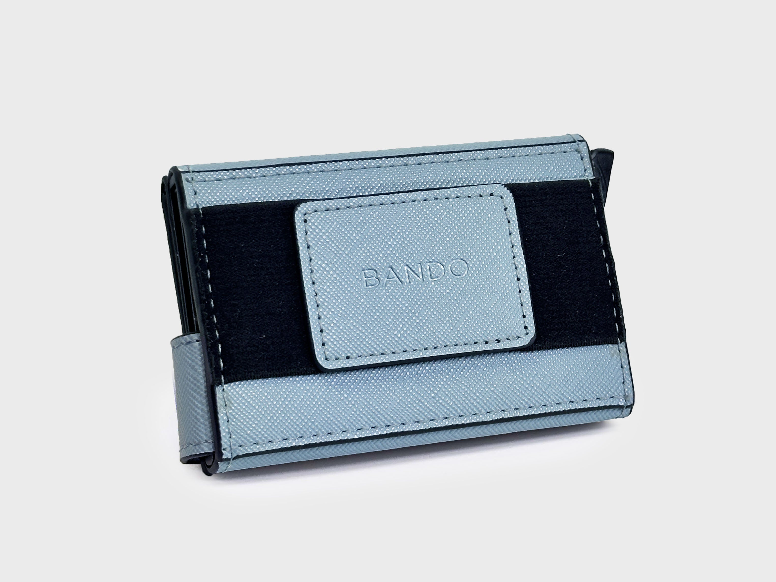 Blue and black wallet with 'Bando' branding on a light gray background