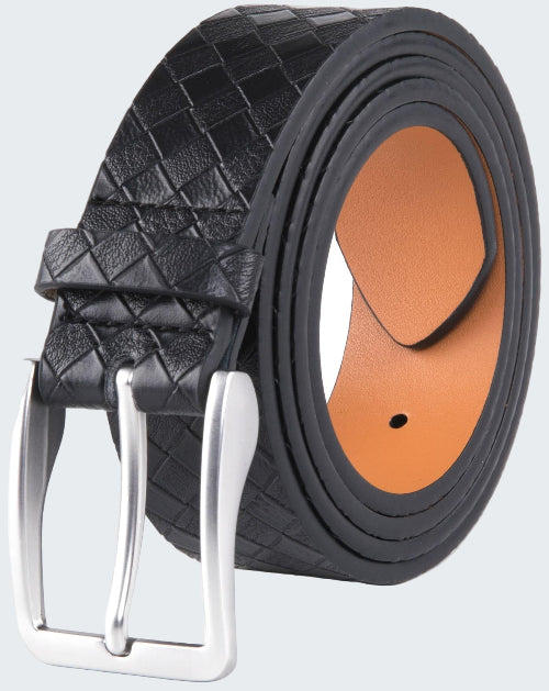 Black woven leather belt with a silver buckle on a white background
