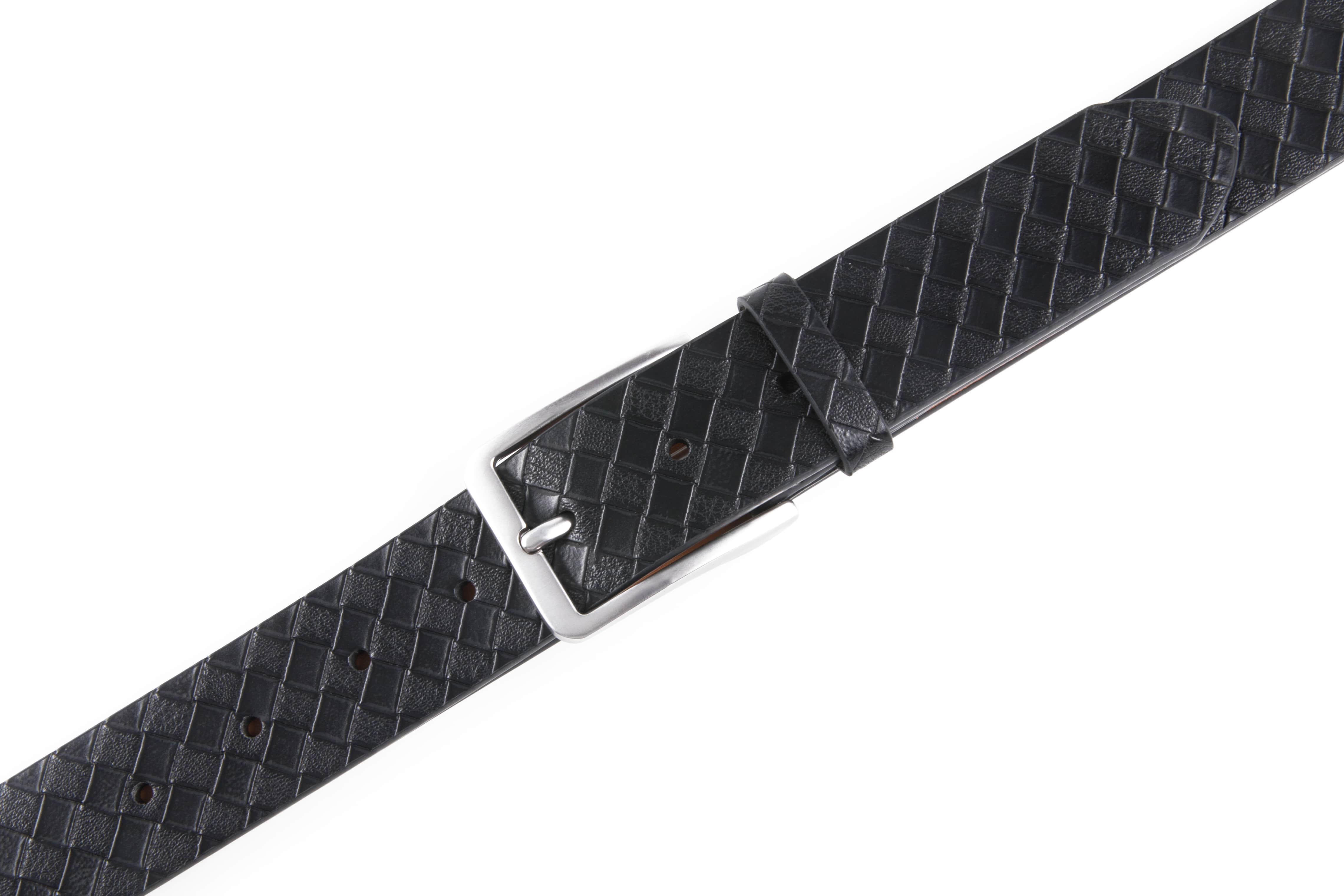 Black textured watch strap with silver buckle on a white background