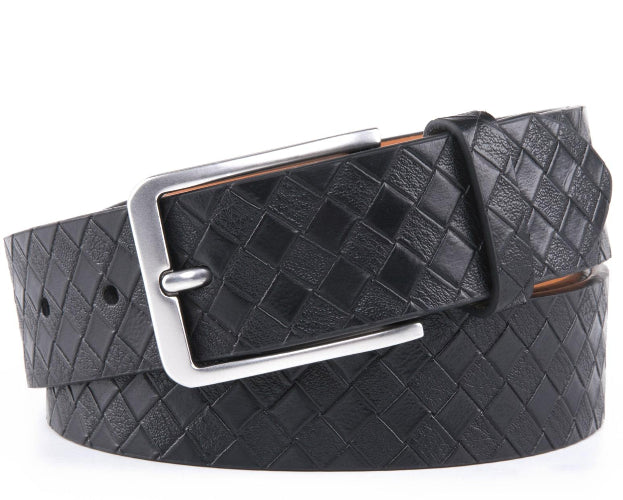 Black woven leather belt with a silver buckle on a white background