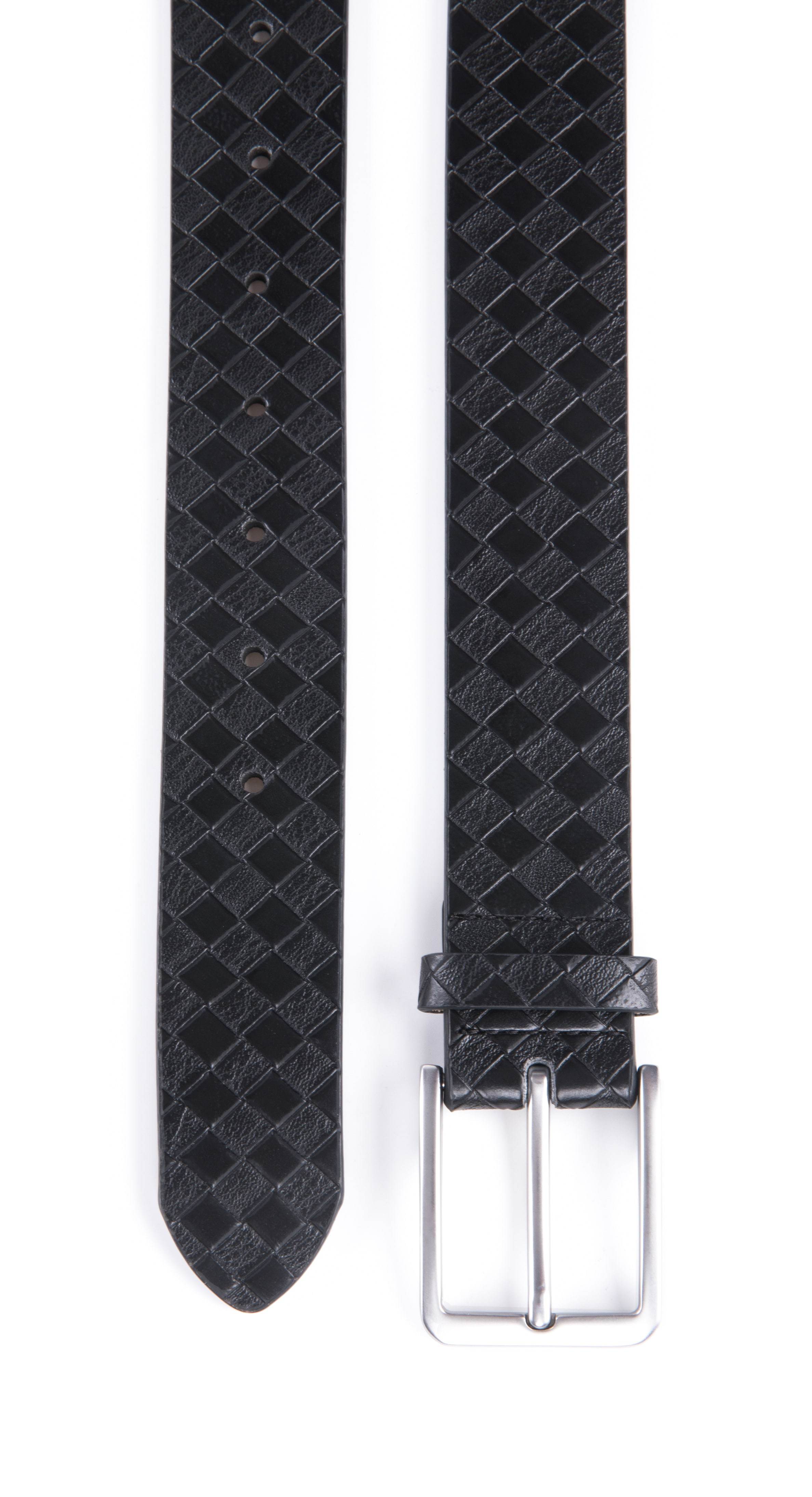 Black textured belt with silver buckle on a white background