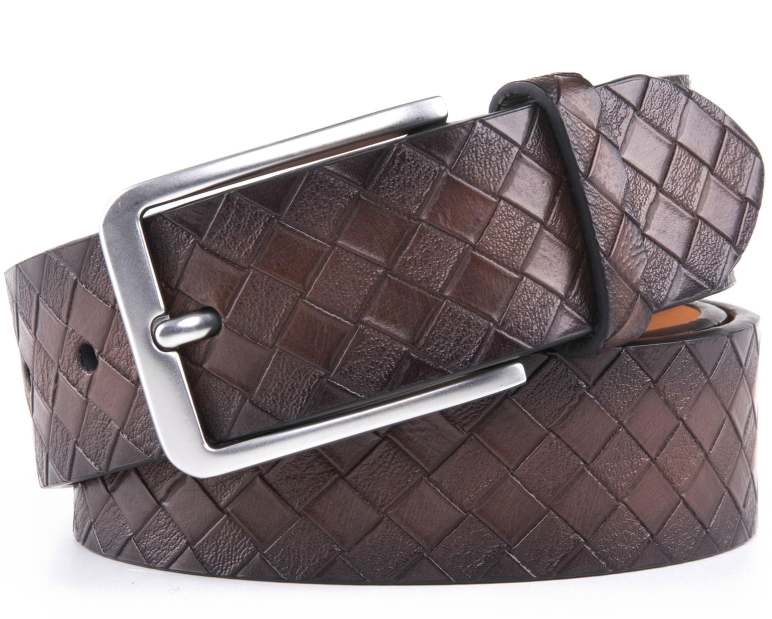 Brown woven leather belt with a silver buckle on a white background
