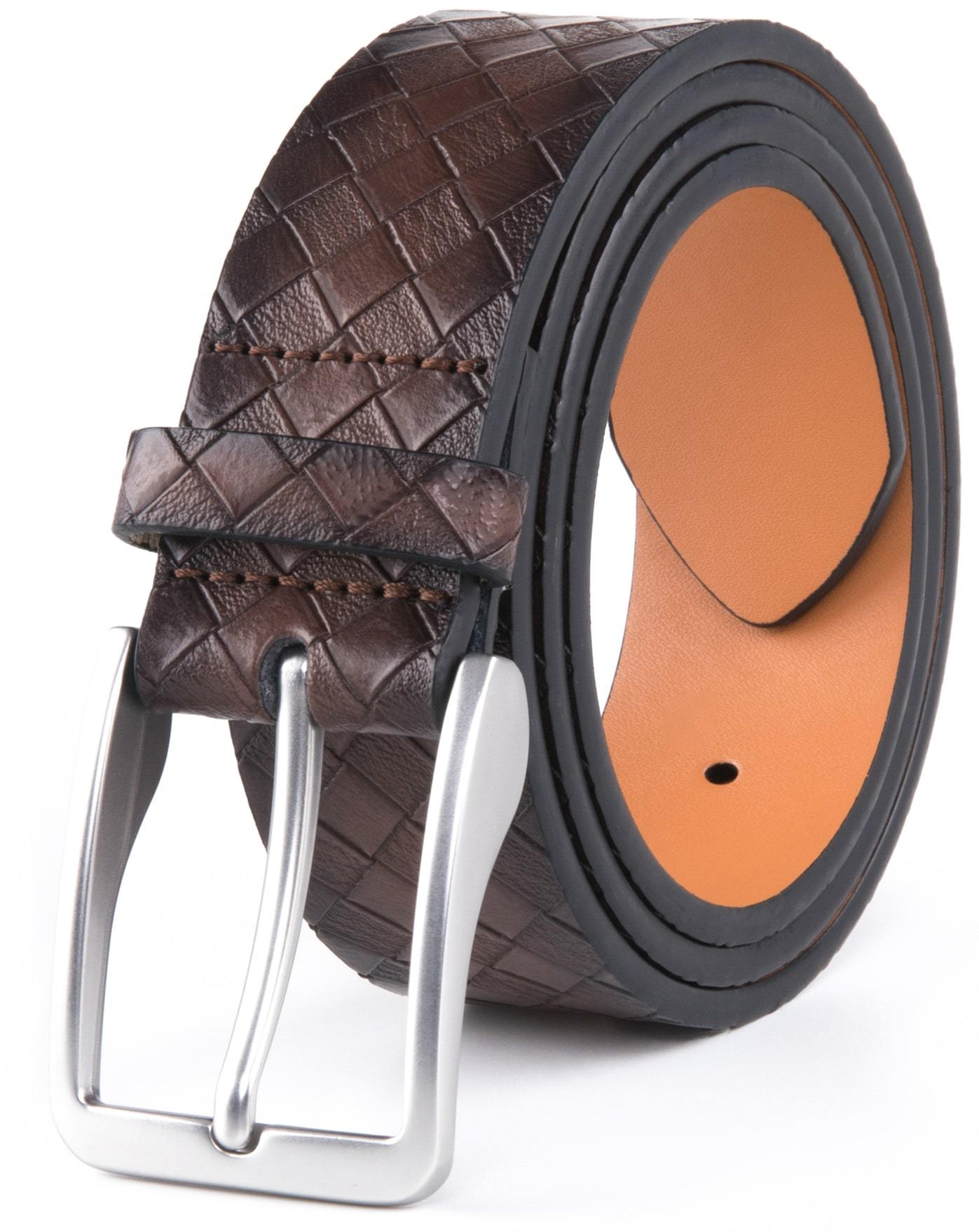 Brown woven belt with silver buckle on a white background