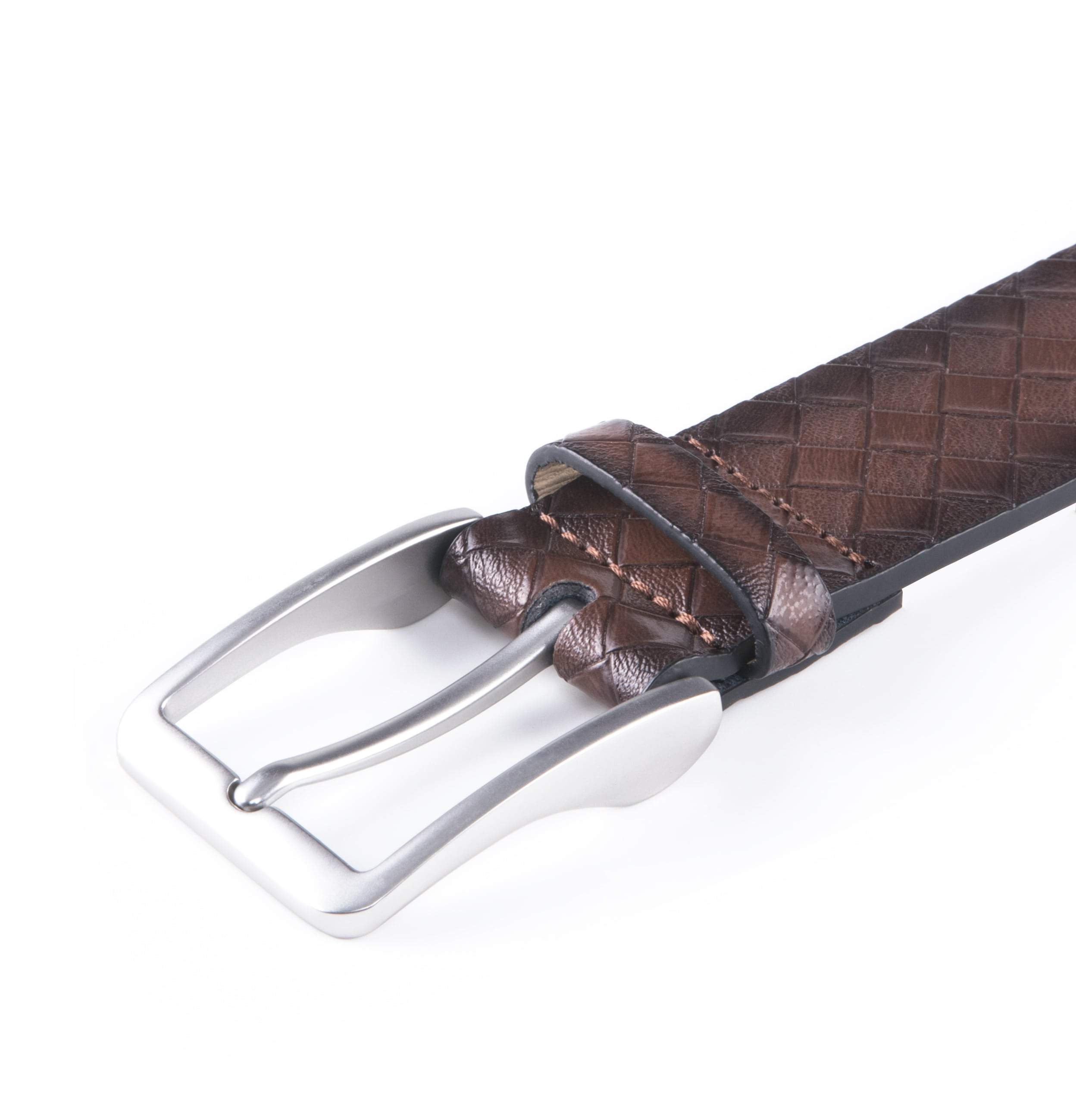 Brown leather belt with silver buckle on a white background
