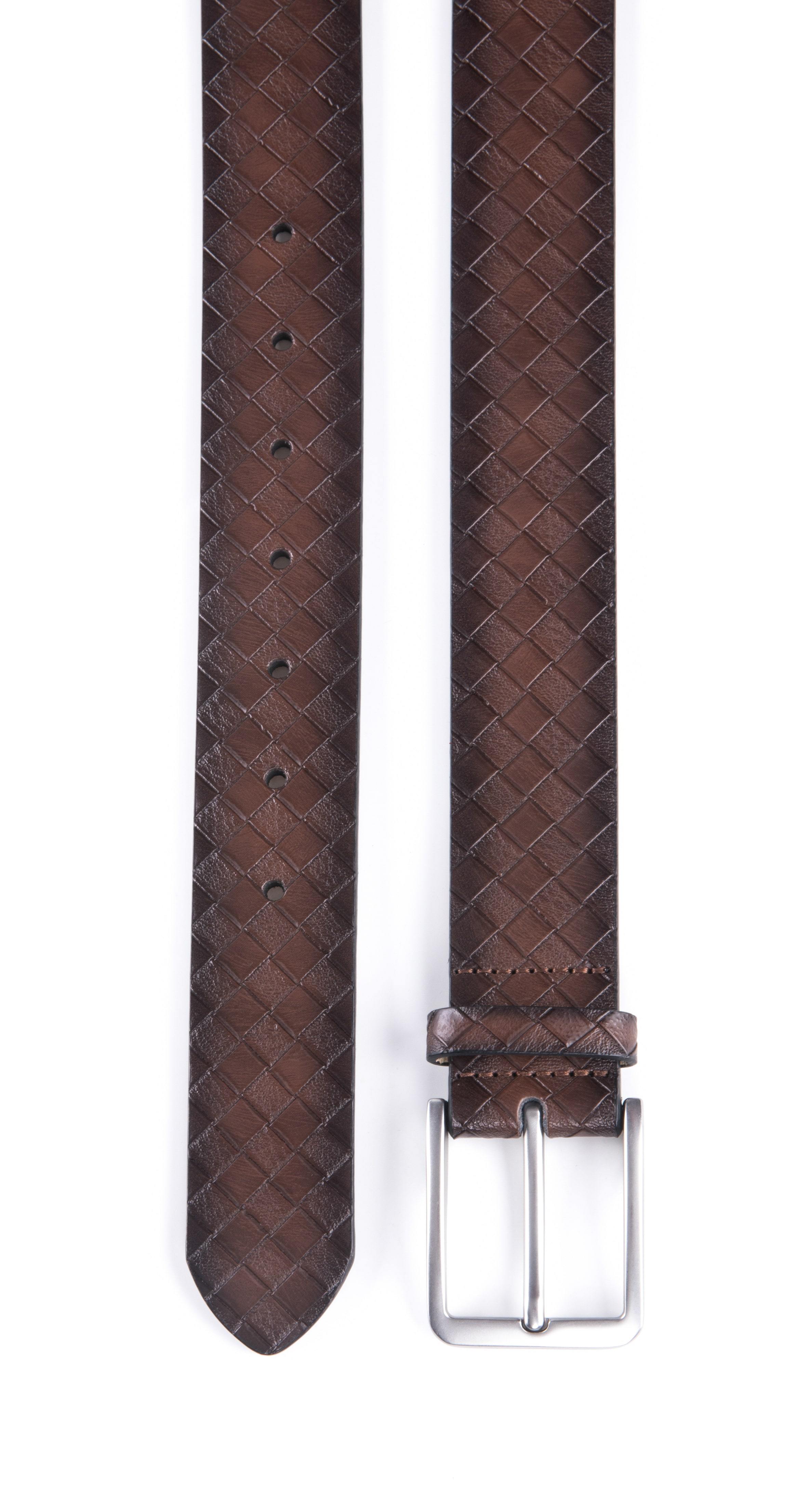 Brown woven belt with a silver buckle on a white background