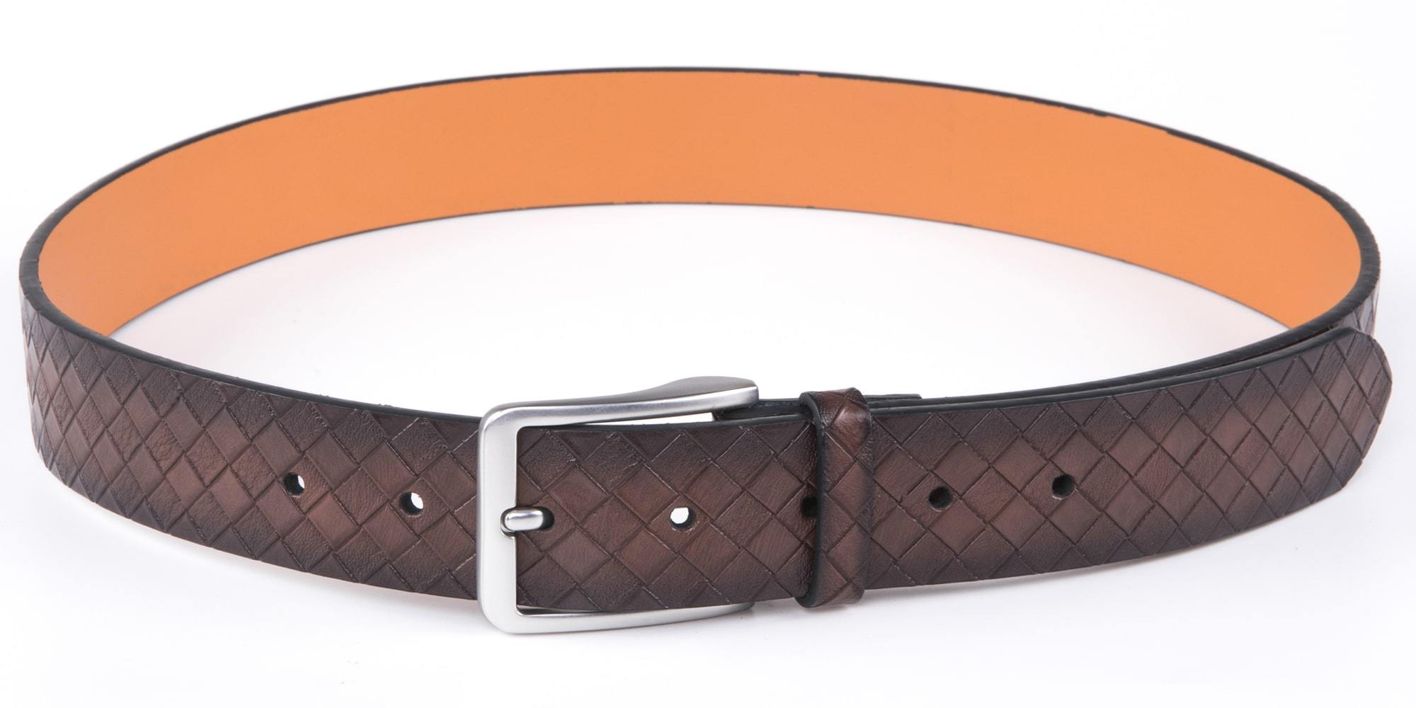 Brown woven belt with an orange lining on a white background