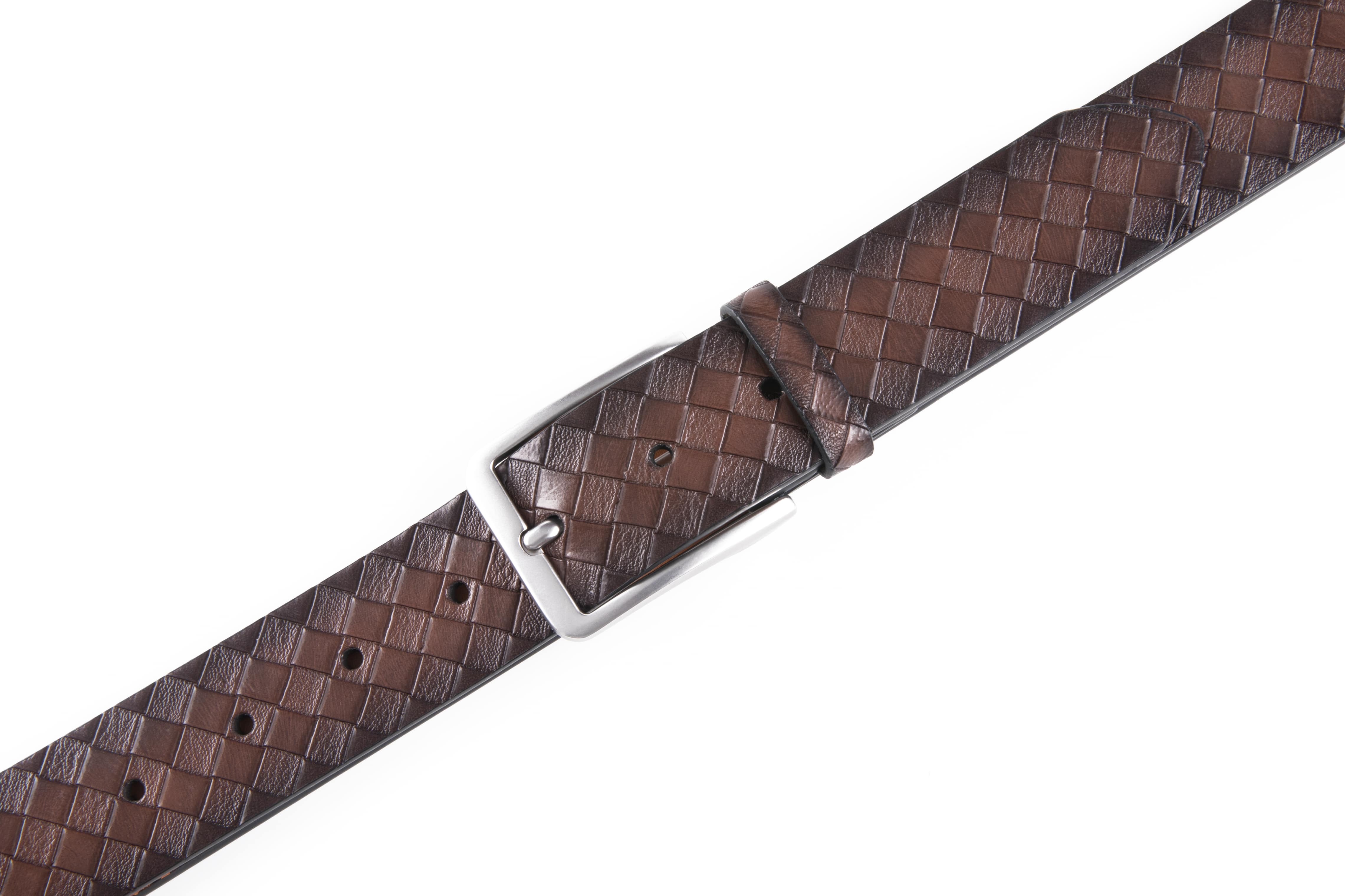 Brown woven belt with a silver buckle on a white background