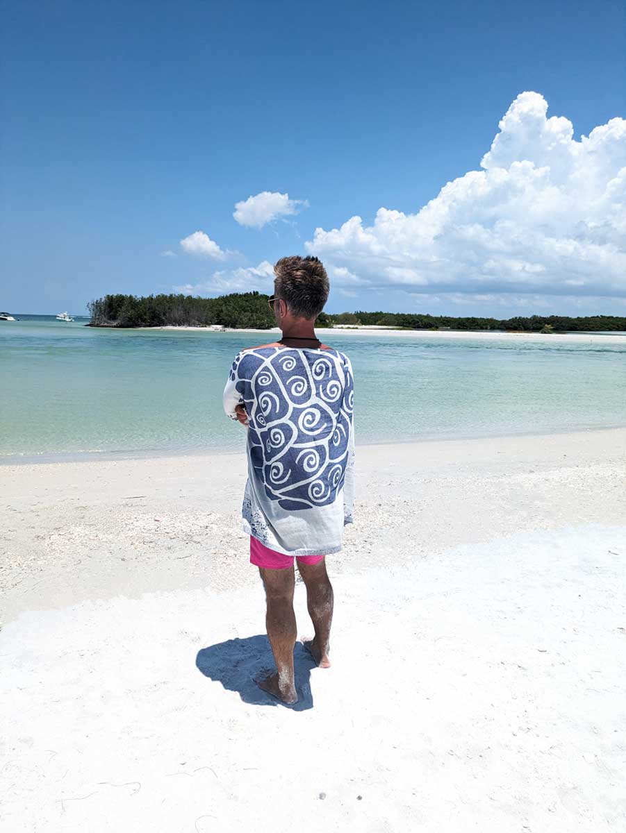 Person standing on a sandy beach looking at the ocean with a clear blue sky.