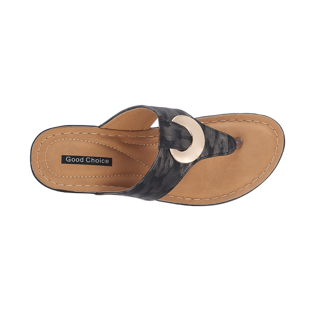 Black sandal with a tan strap and 'Good Choice' label on a white background