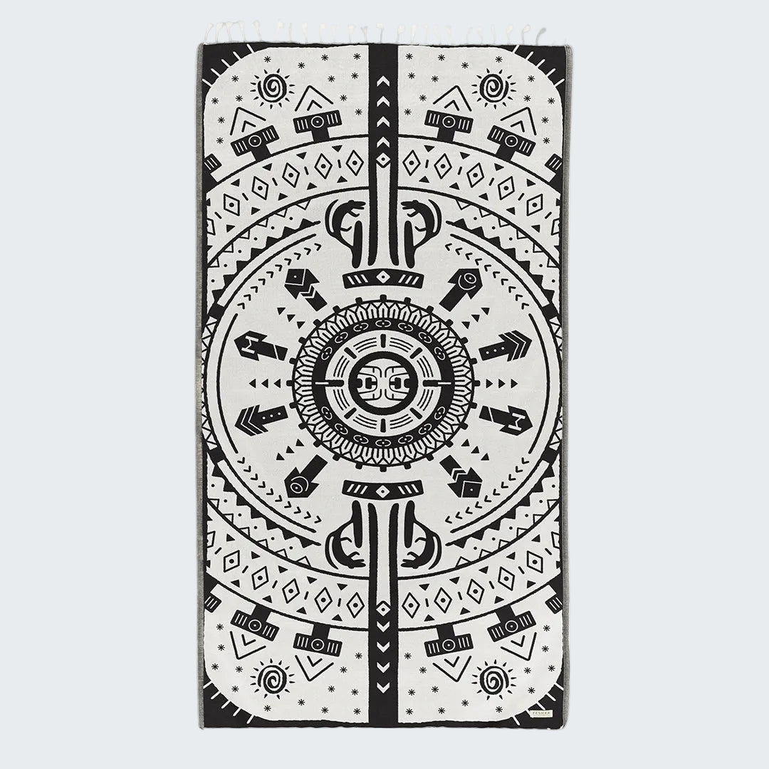 Black and white patterned product with visible branding on a white background