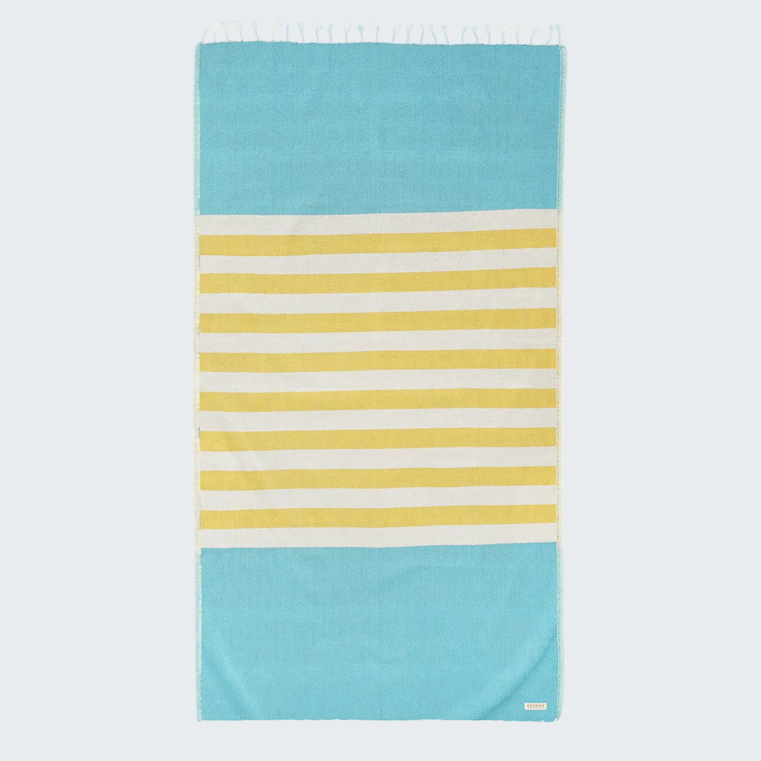 Towel with blue and yellow striped pattern on a white background