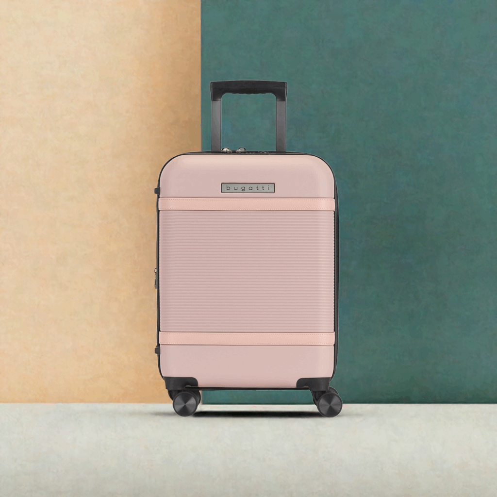 Pink suitcase with 'bugatti' branding on a multicolored background
