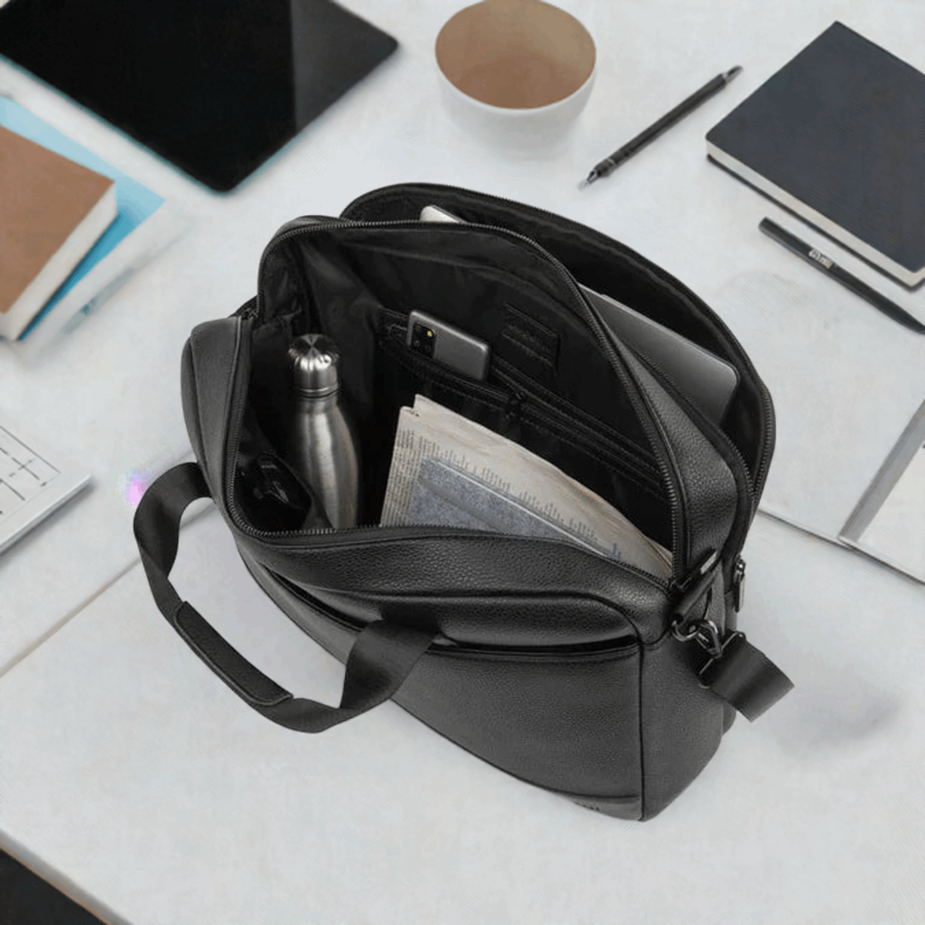 Black bag with compartments on a desk with office supplies
