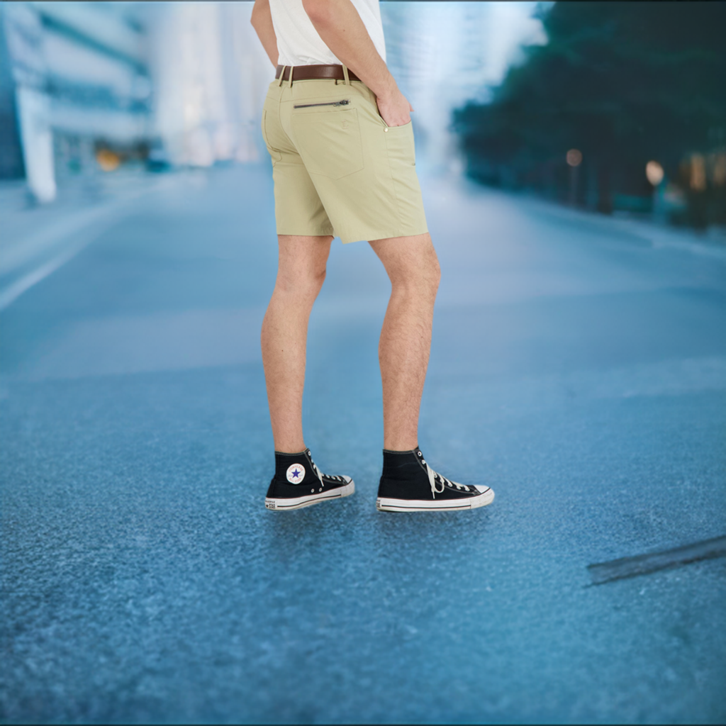 Person wearing light green shorts and black sneakers on a blurred street background