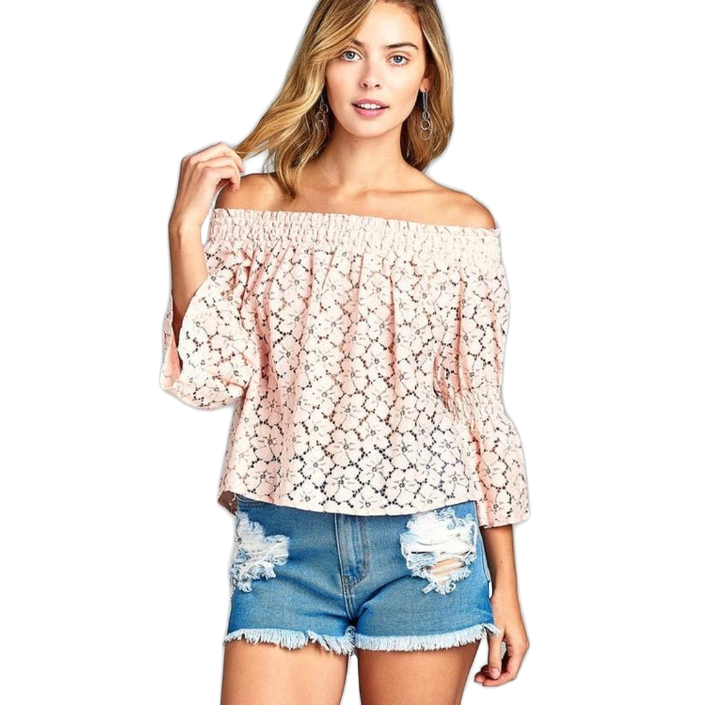 Three Quarter Sleeve Off Shoulder Floral Lace Top