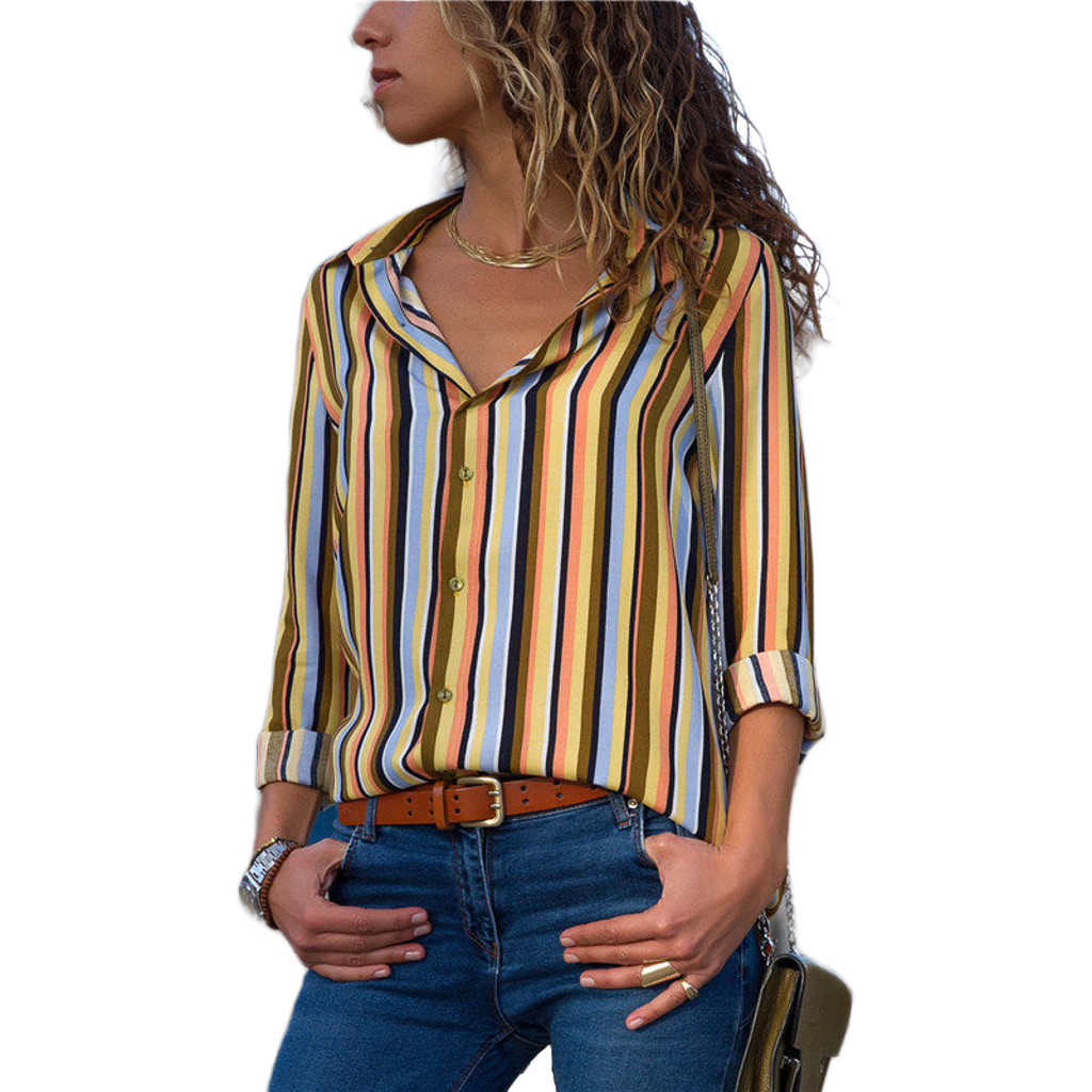 Striped Long Sleeve Blouse with Turn Down Collar
