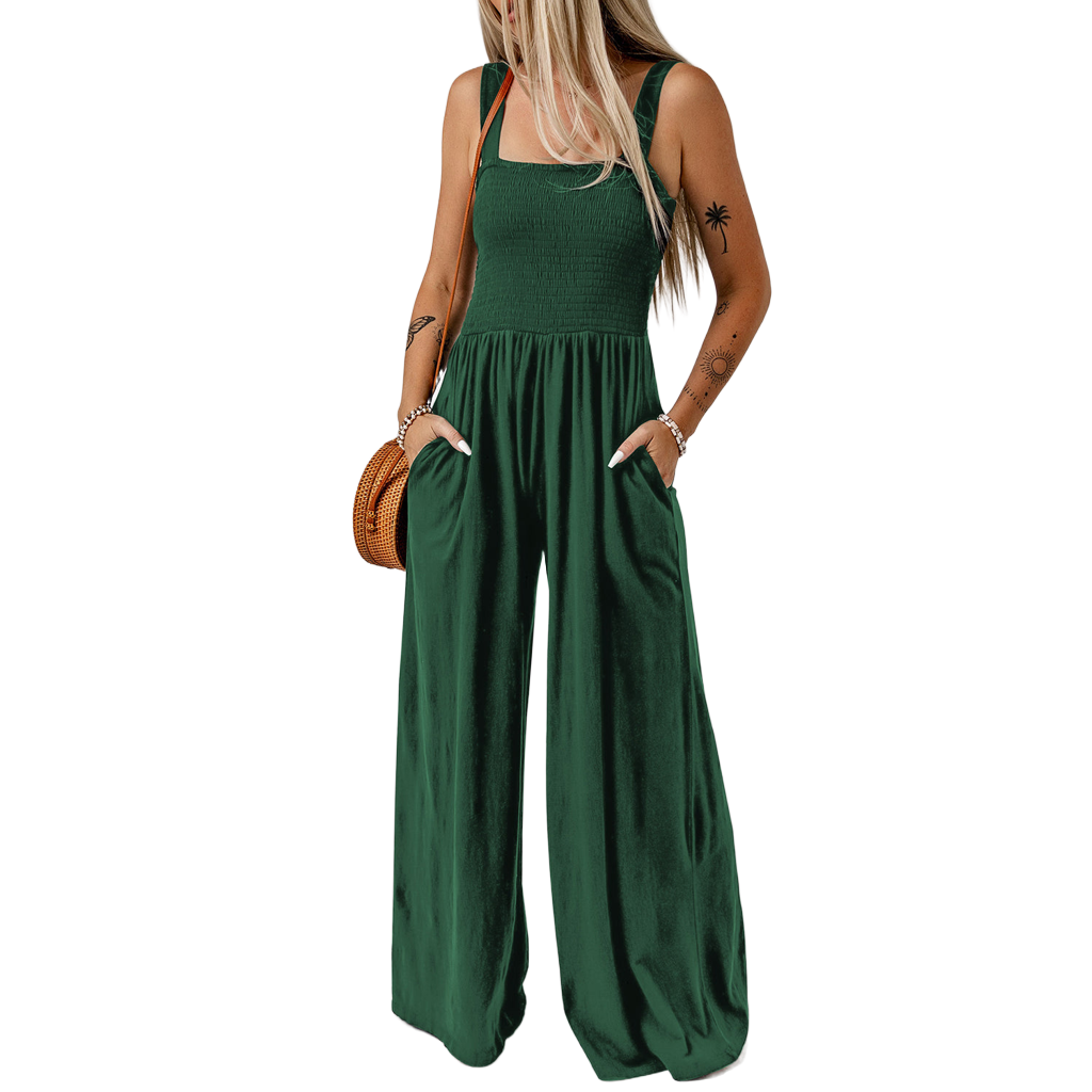 Smocked Square Neck Wide Leg Jumpsuit with Pockets