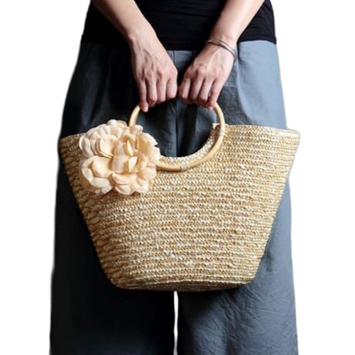 Coseey Woven Straw Tote with Flowers