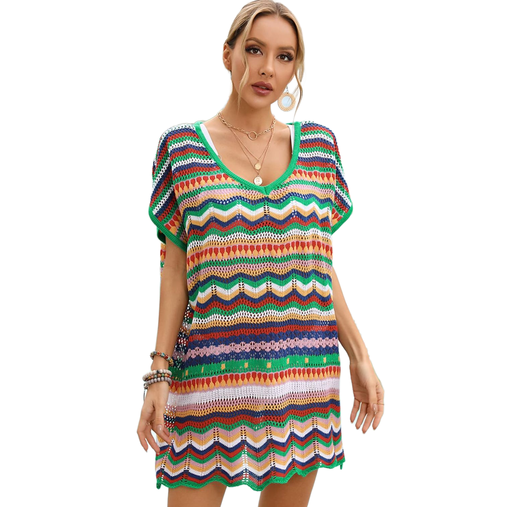 Rainbow Stripe Scalloped V-Neck Cover-Up Dress