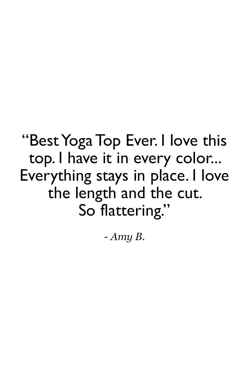 Product review text for a yoga top on a white background