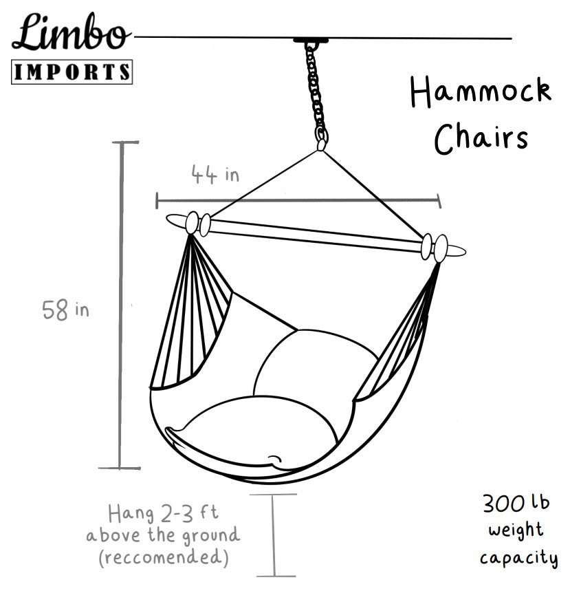 Diagram of a hammock chair with dimensions and hanging instructions, branded as Limbo Imports.
