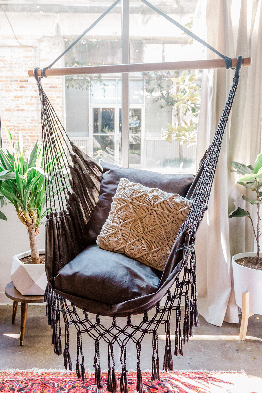 Black hammock chair with brown cushions and a patterned pillow in a room with plants and a rug.