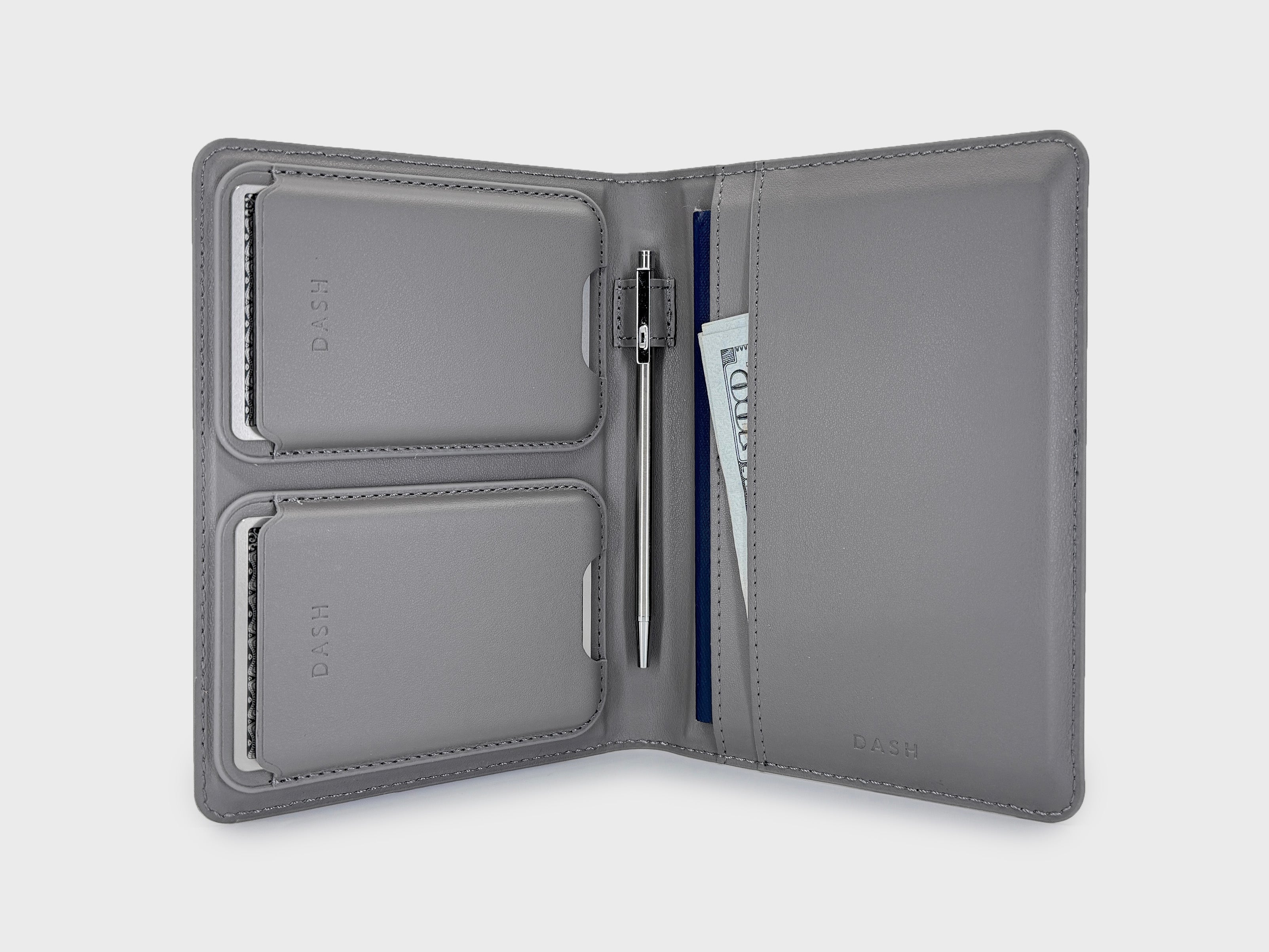 Gray wallet open on a light gray background