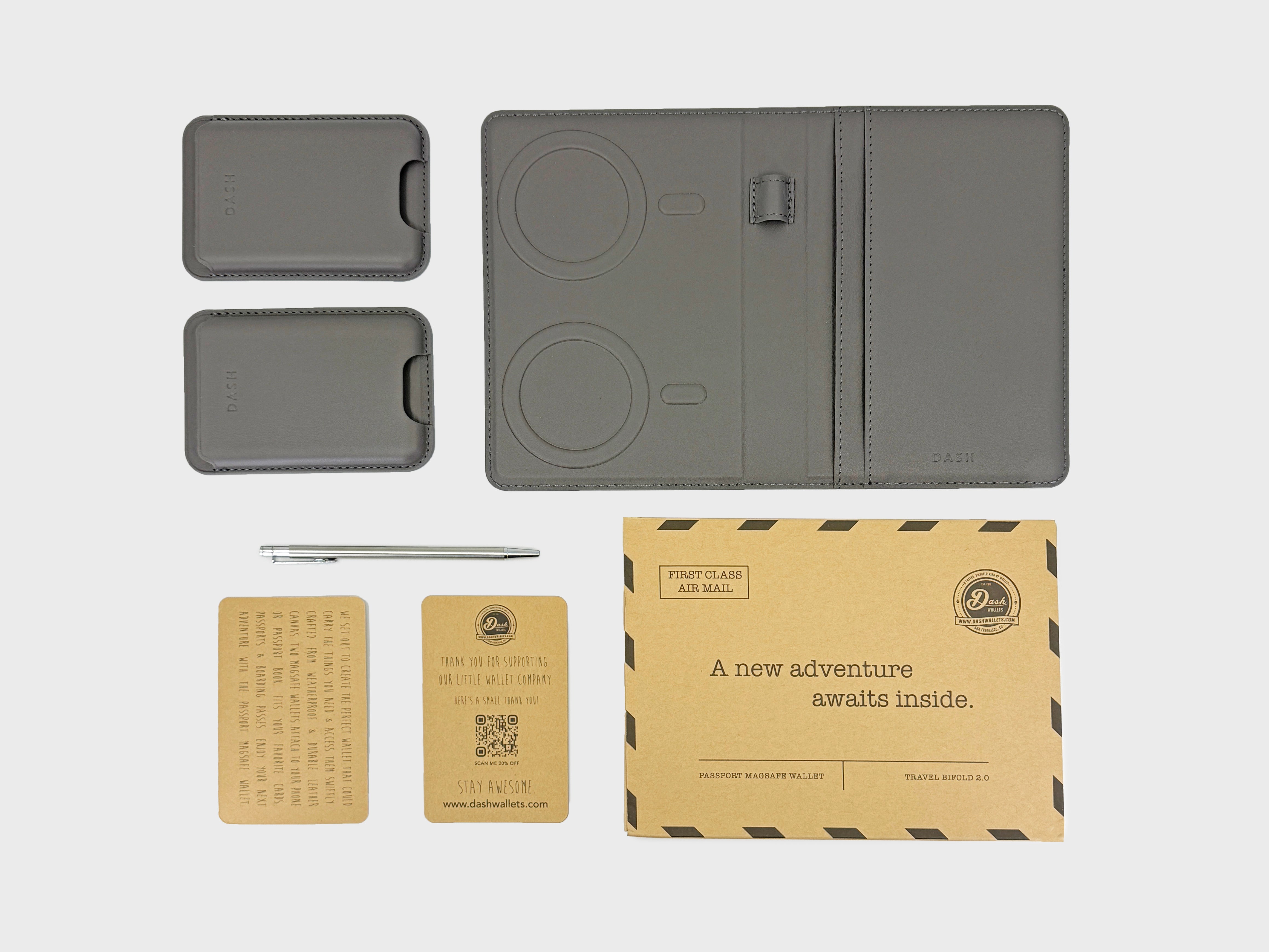 Collection of gray and cardboard packaging items on a light gray background