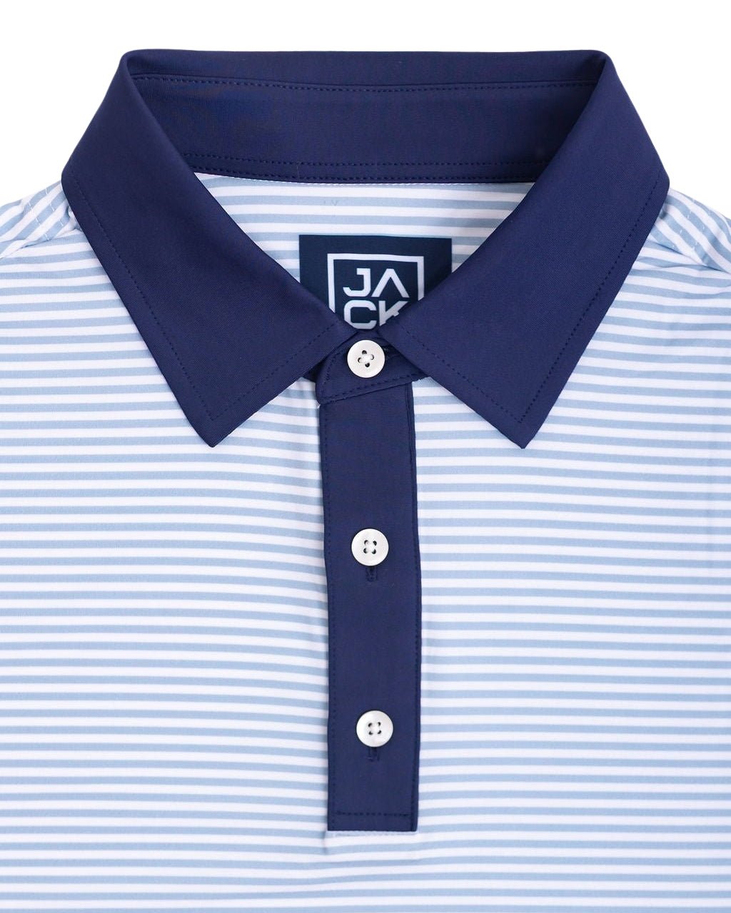 Close-up of a blue and white striped polo shirt with a navy collar and buttons on a white background.