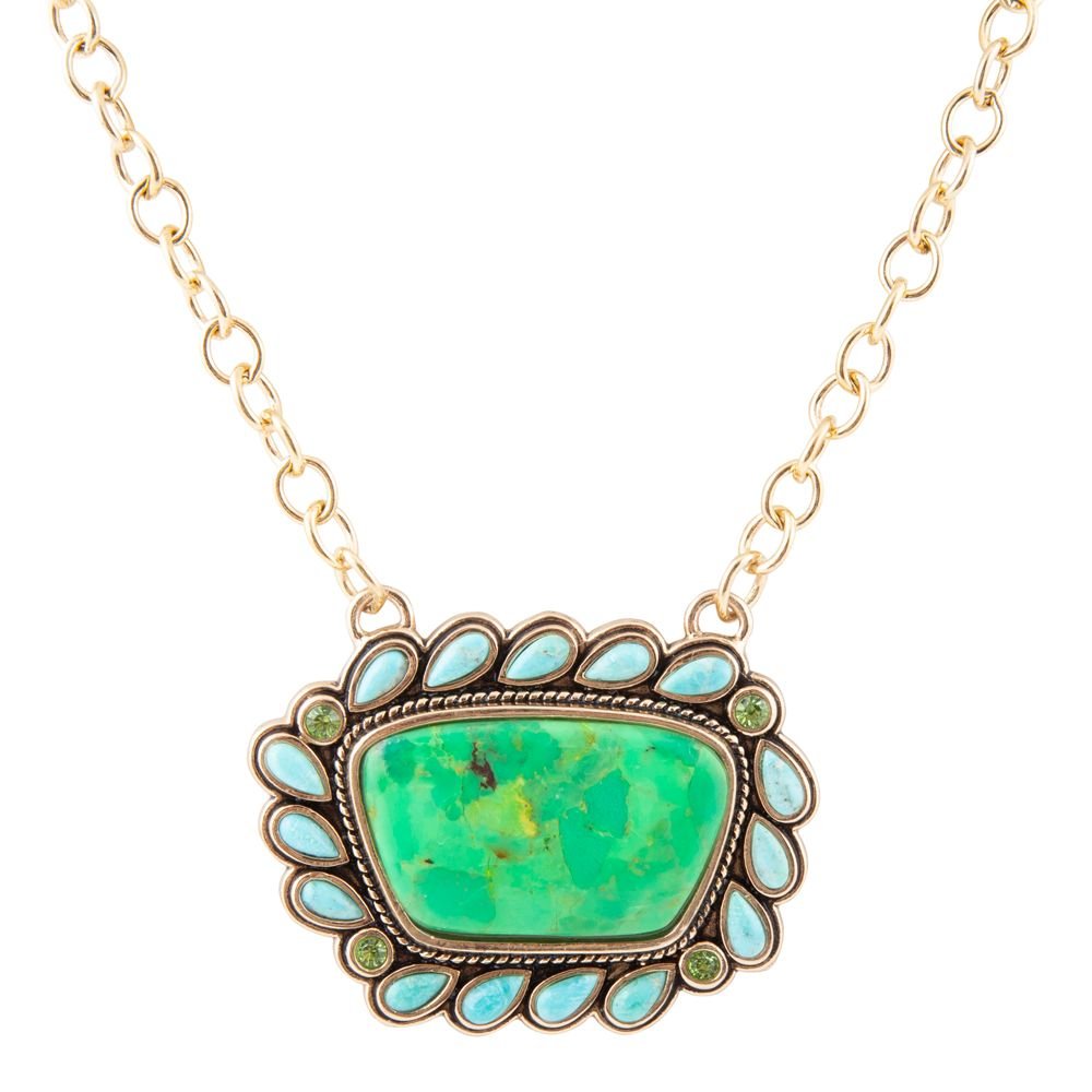 Necklace with a green stone pendant on a white background