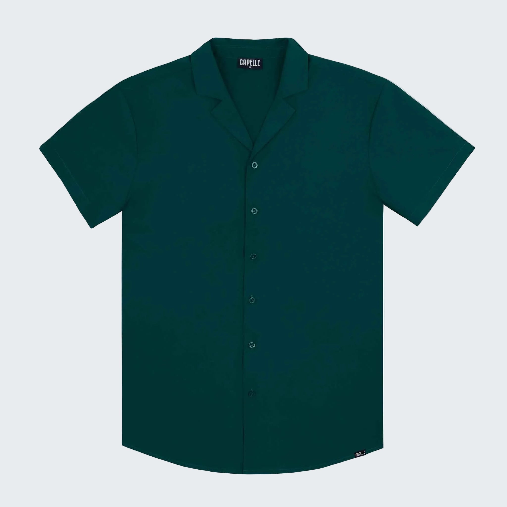 Dark green button-up shirt on a white background