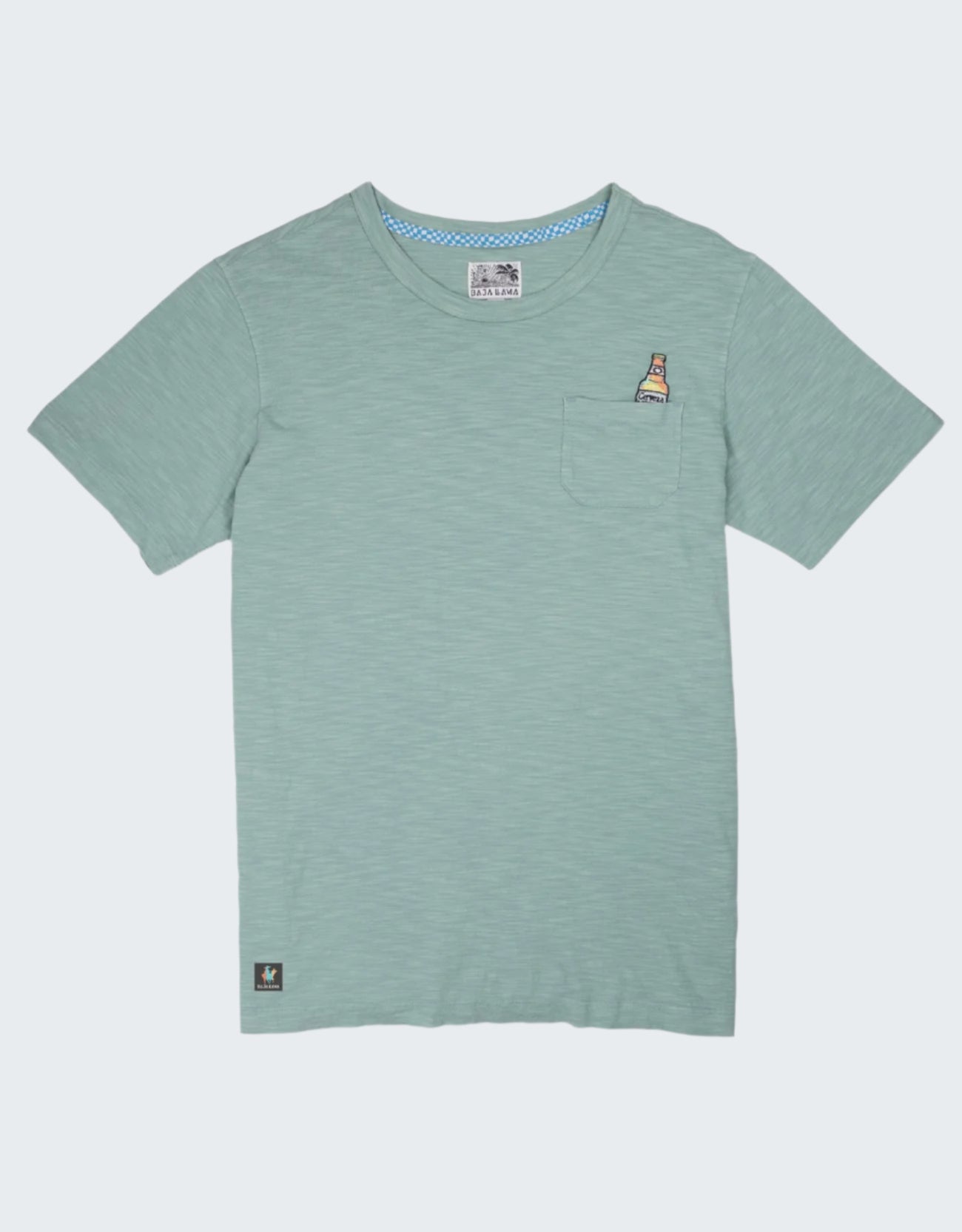 Green t-shirt with a small logo on a white background