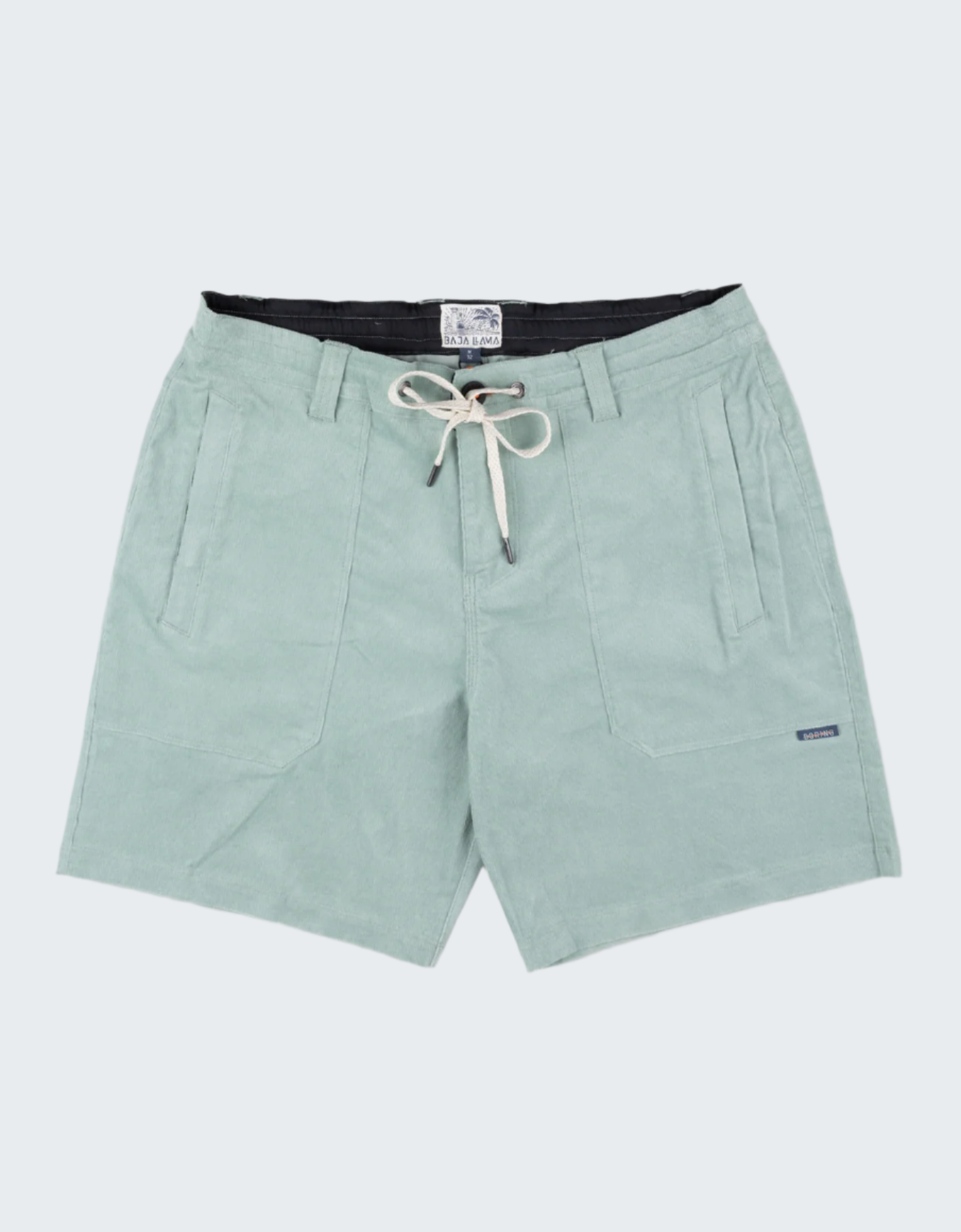 Light green shorts with a drawstring on a white background