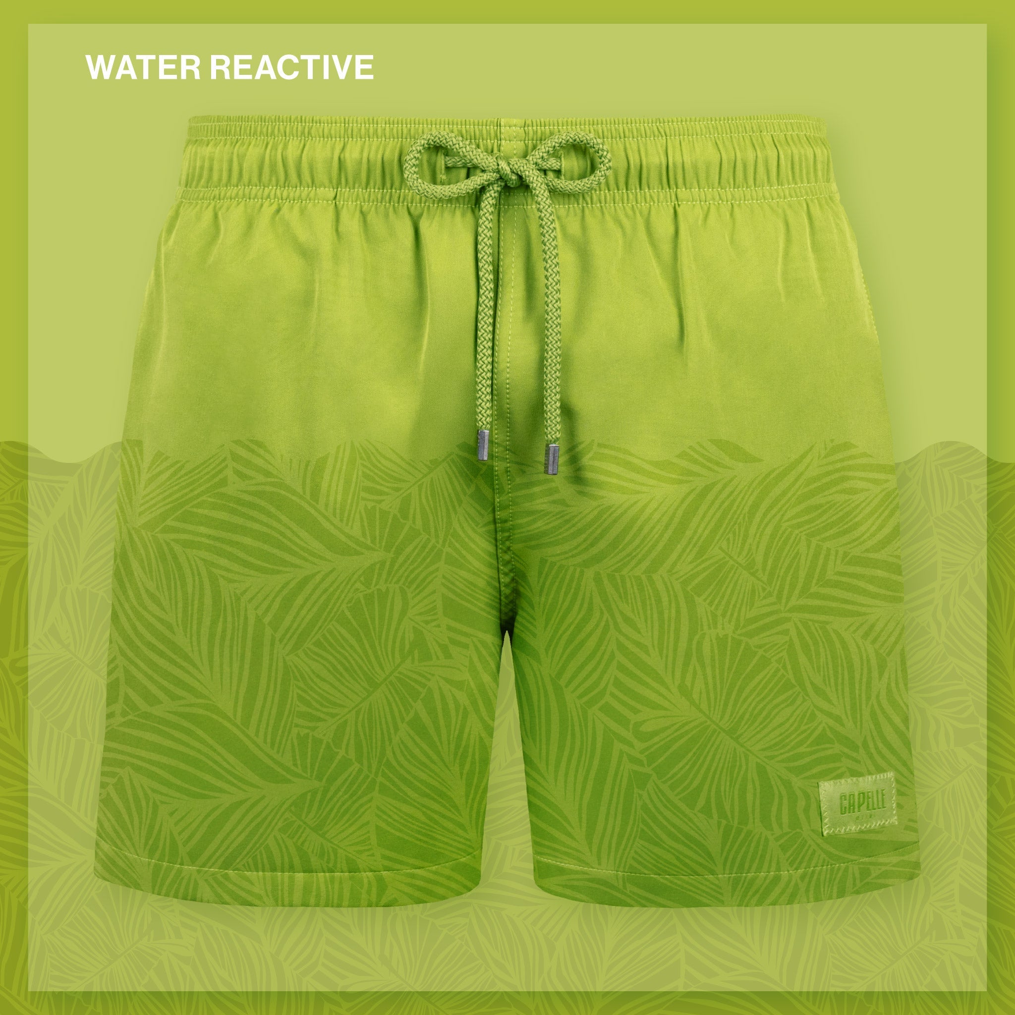 Green shorts with leaf pattern on a green background