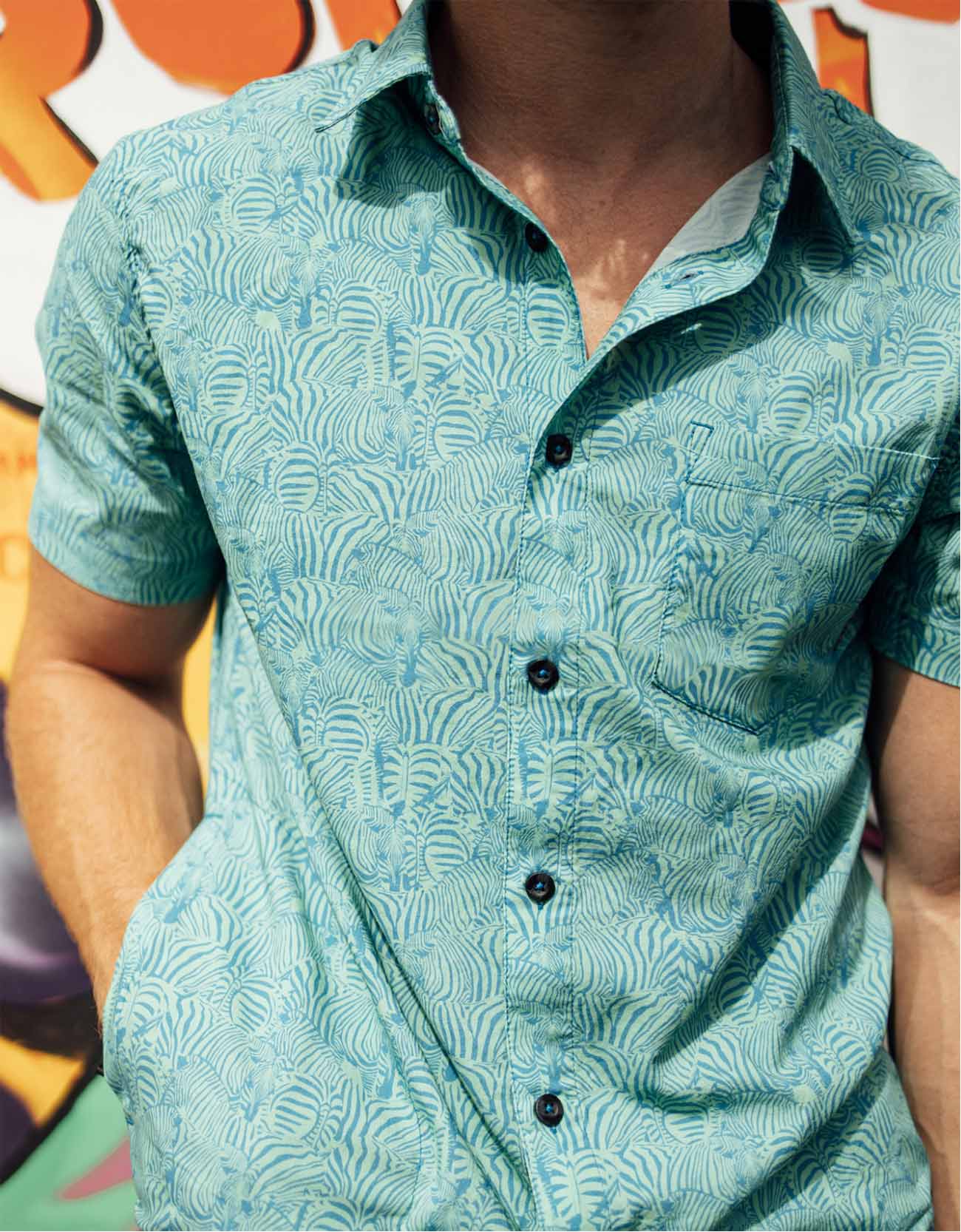 Too Many Lines Turquoise Zebra Button Up