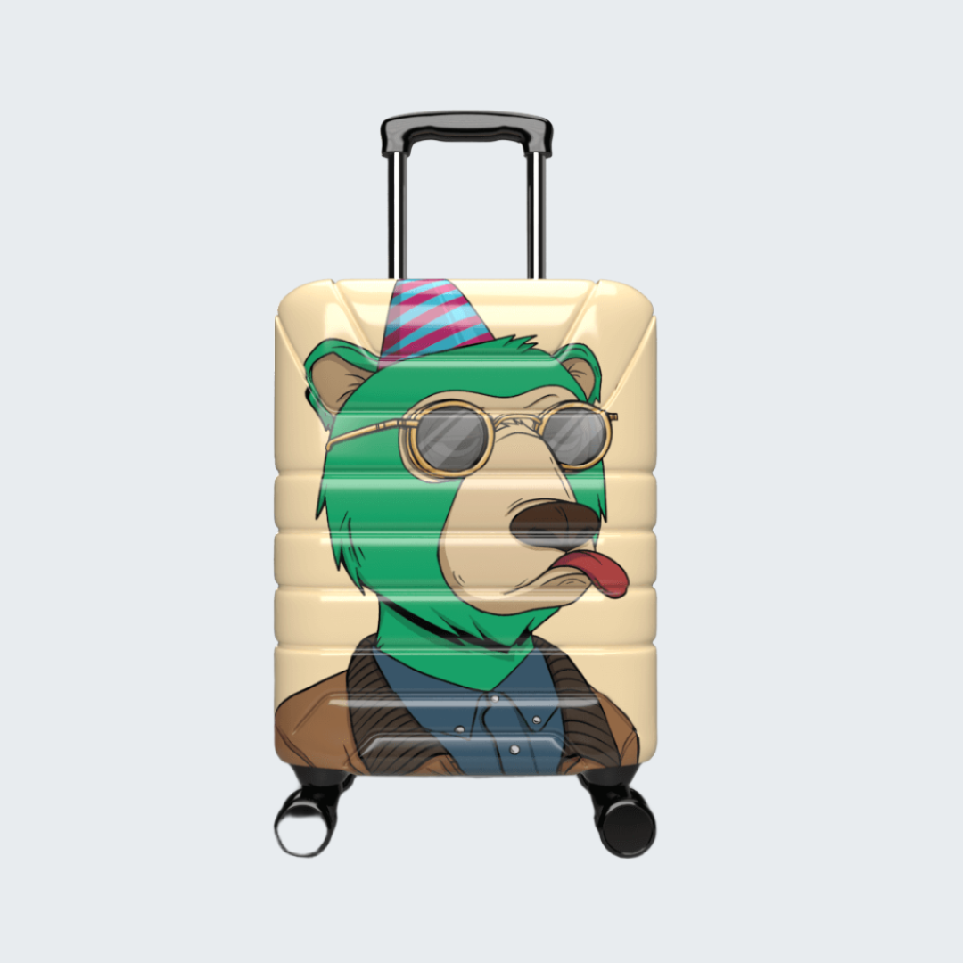 Beige suitcase with a bear design wearing sunglasses and a party hat on a black background