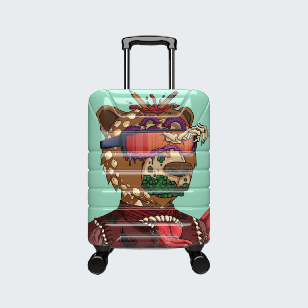 Colorful suitcase with artistic design on a black background