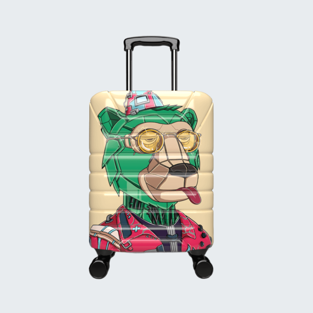 Suitcase with a colorful bear design wearing a hat and sunglasses on a dark background