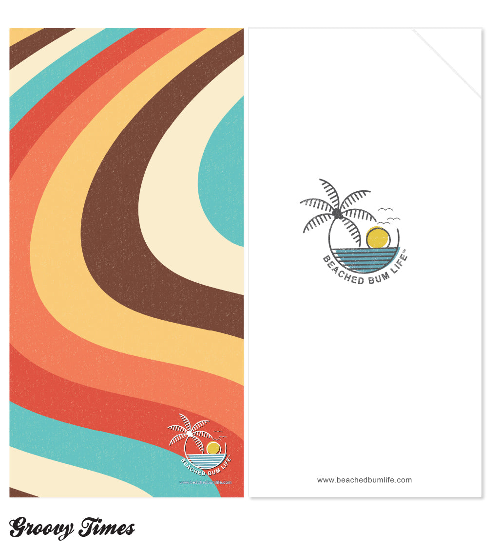 Colorful retro-style design with 'Beached Bum Life' logo on a white background